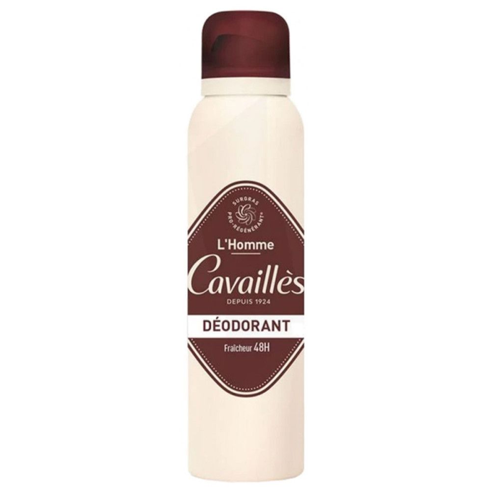 Deodorant spray. Witte fles, bruine dop. Bruin etiket met opschriften: Cavaillès, Déodorant, Fraîcheur 48H.