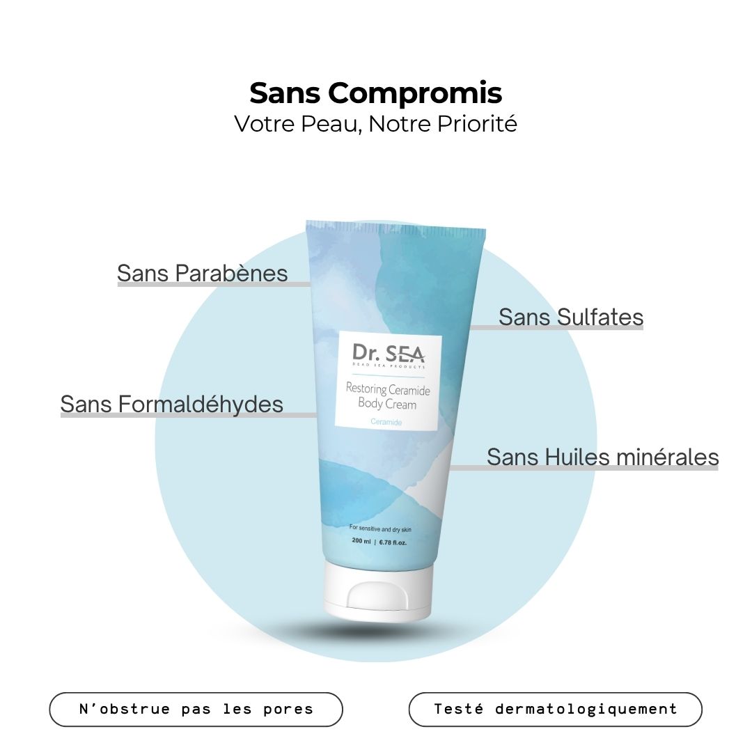 Tube de crème avec texte. Inscription : Dr. SEA, Restoring Ceramide Body Cream. Sans parabènes, sulfates, formaldéhyde, huiles minérales.