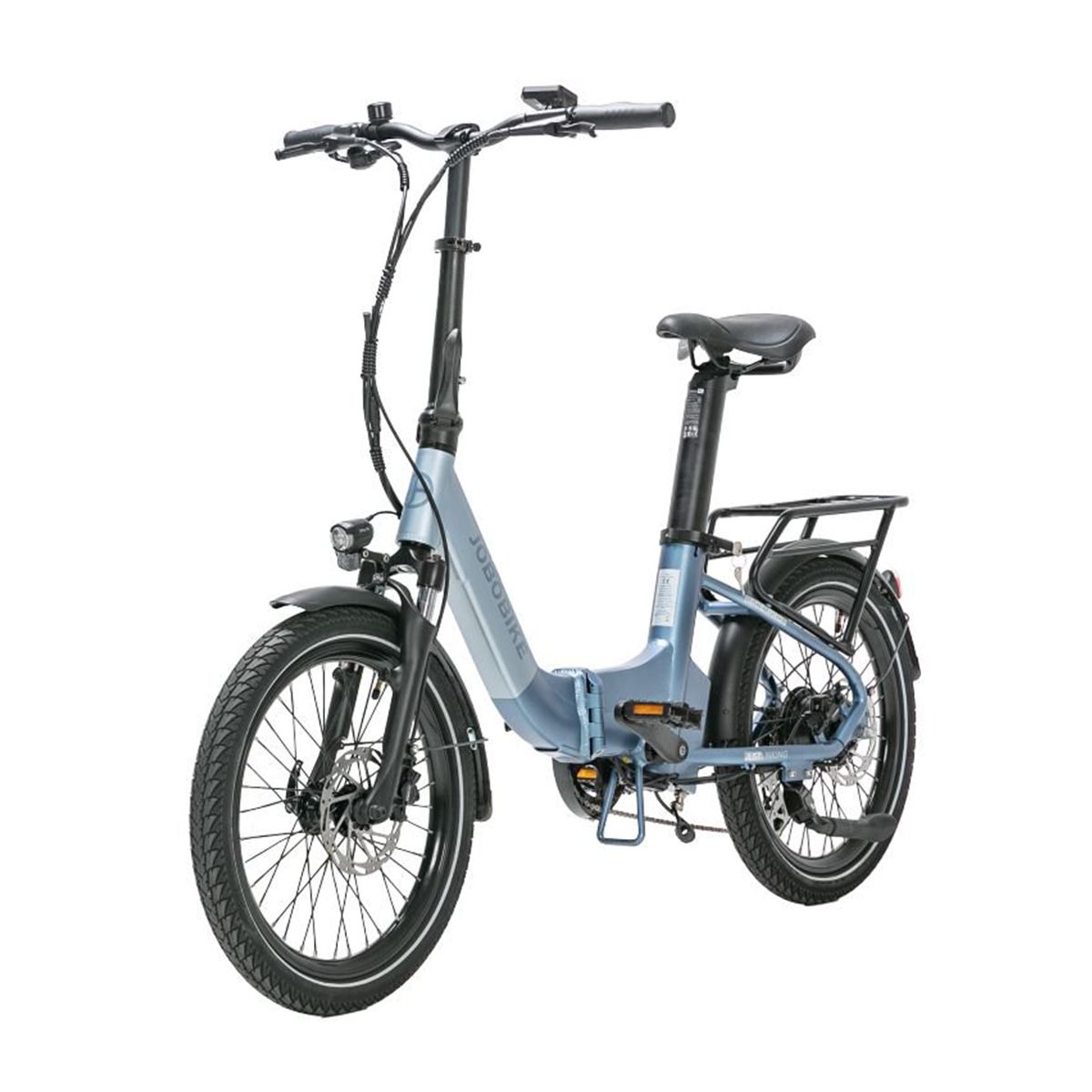 JOBOBIKE Ace Pro e-bike, lichtgrijs. Zwarte banden, bagagerek, zadel en stuur. JOBOBIKE-opschrift.
