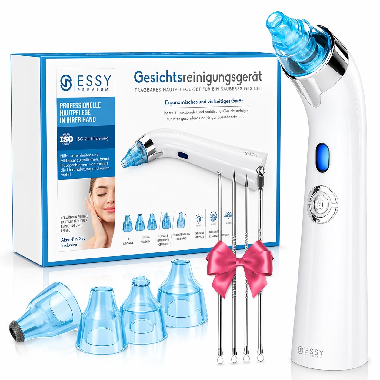 Essy Blackhead Remover Pore Vacuum met 4 opzetstukken en reinigingsgereedschap.