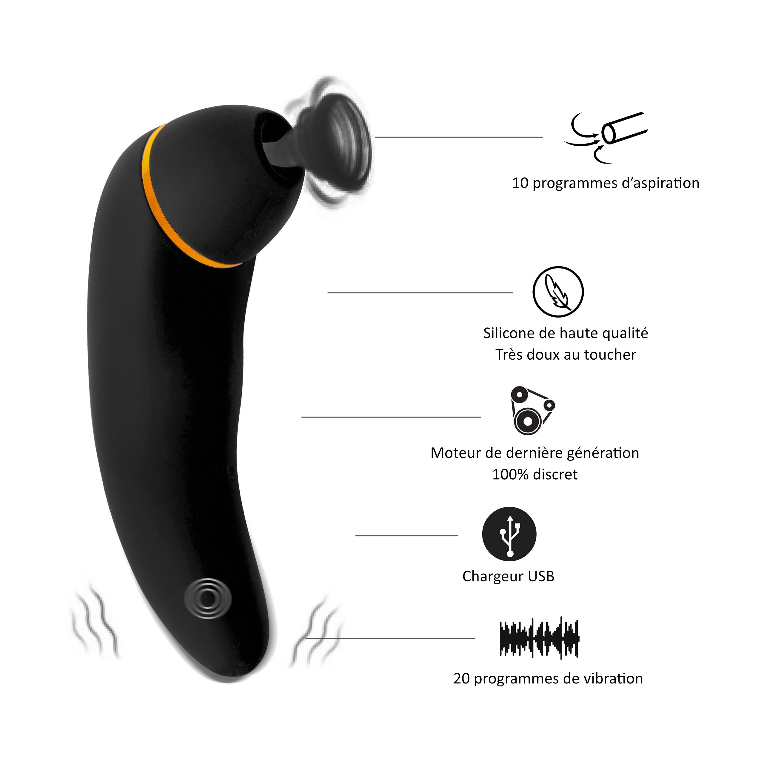 Stimulateur clitoridien noir avec tête d'aspiration. 10 programmes d'aspiration, 20 de vibration, chargeur USB.