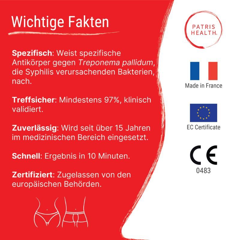 Belangrijke feiten over de Patris Health® Syfilis Zelftest. Tekst op rode achtergrond, met certificeringen en logo's.