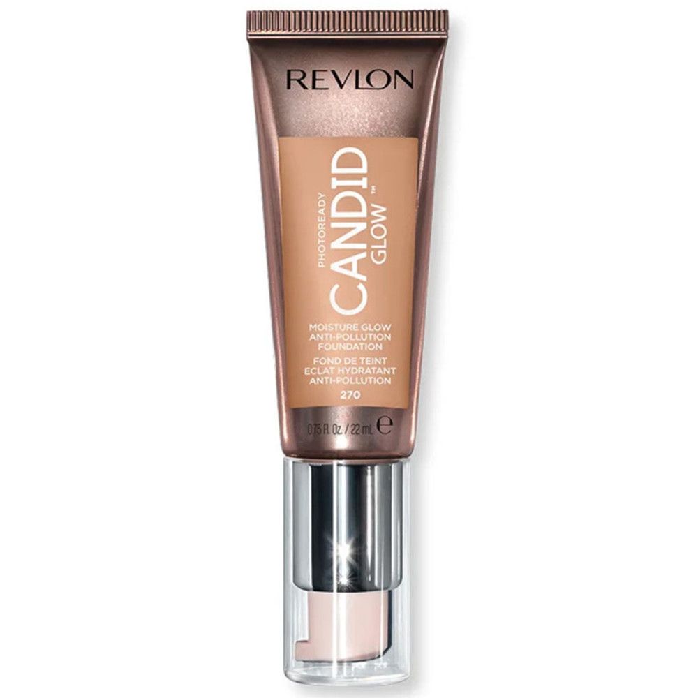 Revlon PhotoReady Candid Glow Foundation. Tube met product. Tekst: Candid Glow, Anti-vervuiling.