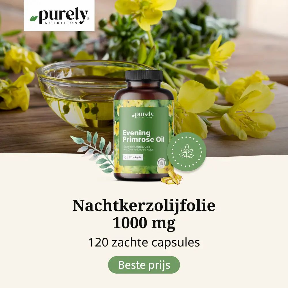 Fles teunisbloemolie, olie in schaal, capsules. Tekst: Nachtkerzolijfolie 1000 mg, 120 zachte capsules.
