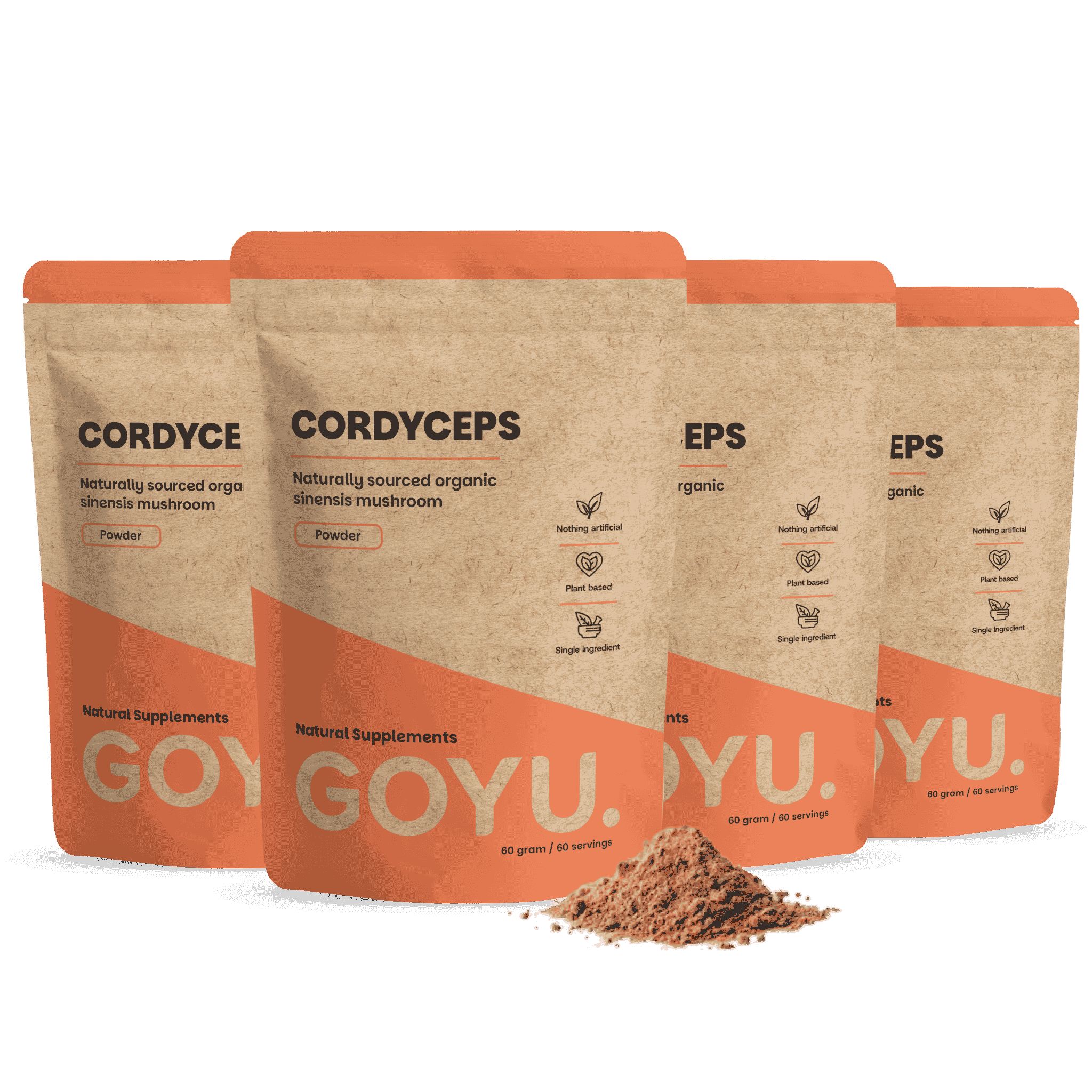 Quatre paquets de poudre GOYU Cordyceps, un paquet ouvert, une pile de poudre à côté.