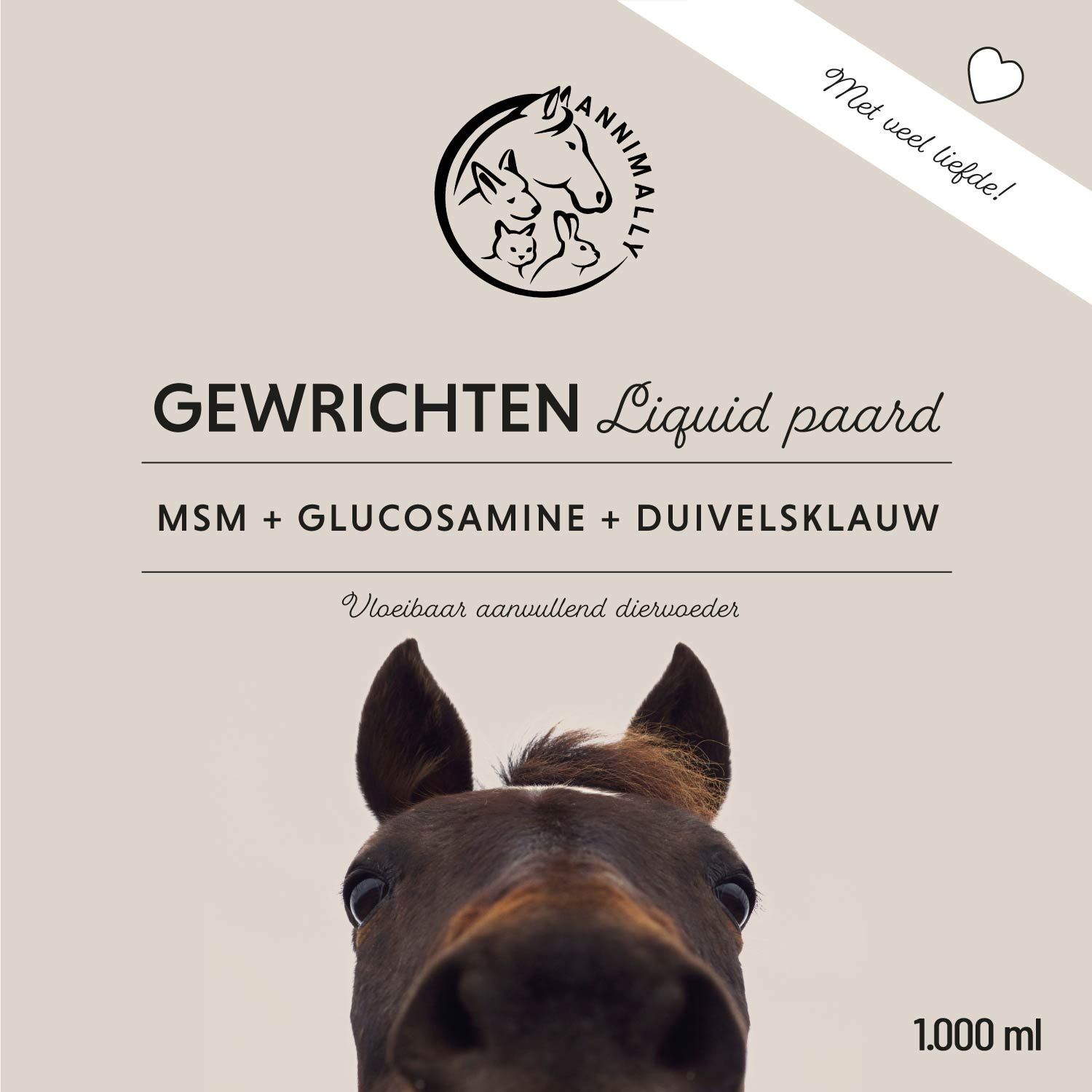 Etiket Annimally Gewrichten Liquid. MSM, Glucosamine, Duivelsklauw. Vloeibaar diervoeder voor paarden. 1000 ml.
