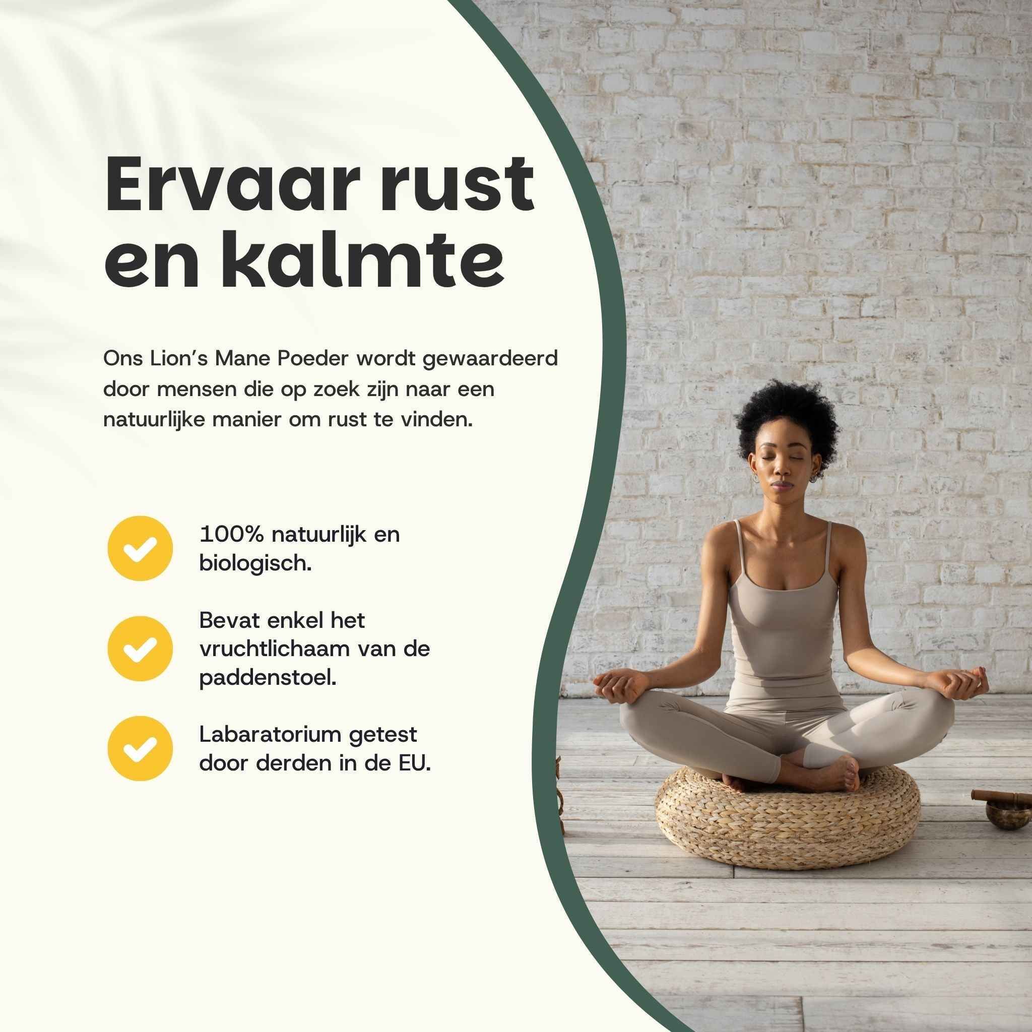 Advertentie met tekst en vrouw in yogahouding. Tekst: Ervaar rust en kalmte. 100% natuurlijk en biologisch.