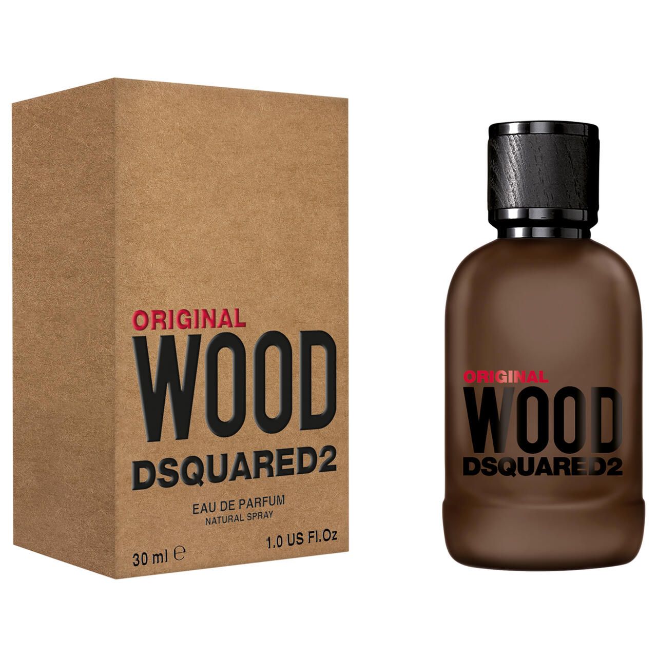 Parfumfles en verpakking. Fles bruin, dop zwart. Verpakking bruin. Opschrift: Original Wood Dsquared2.