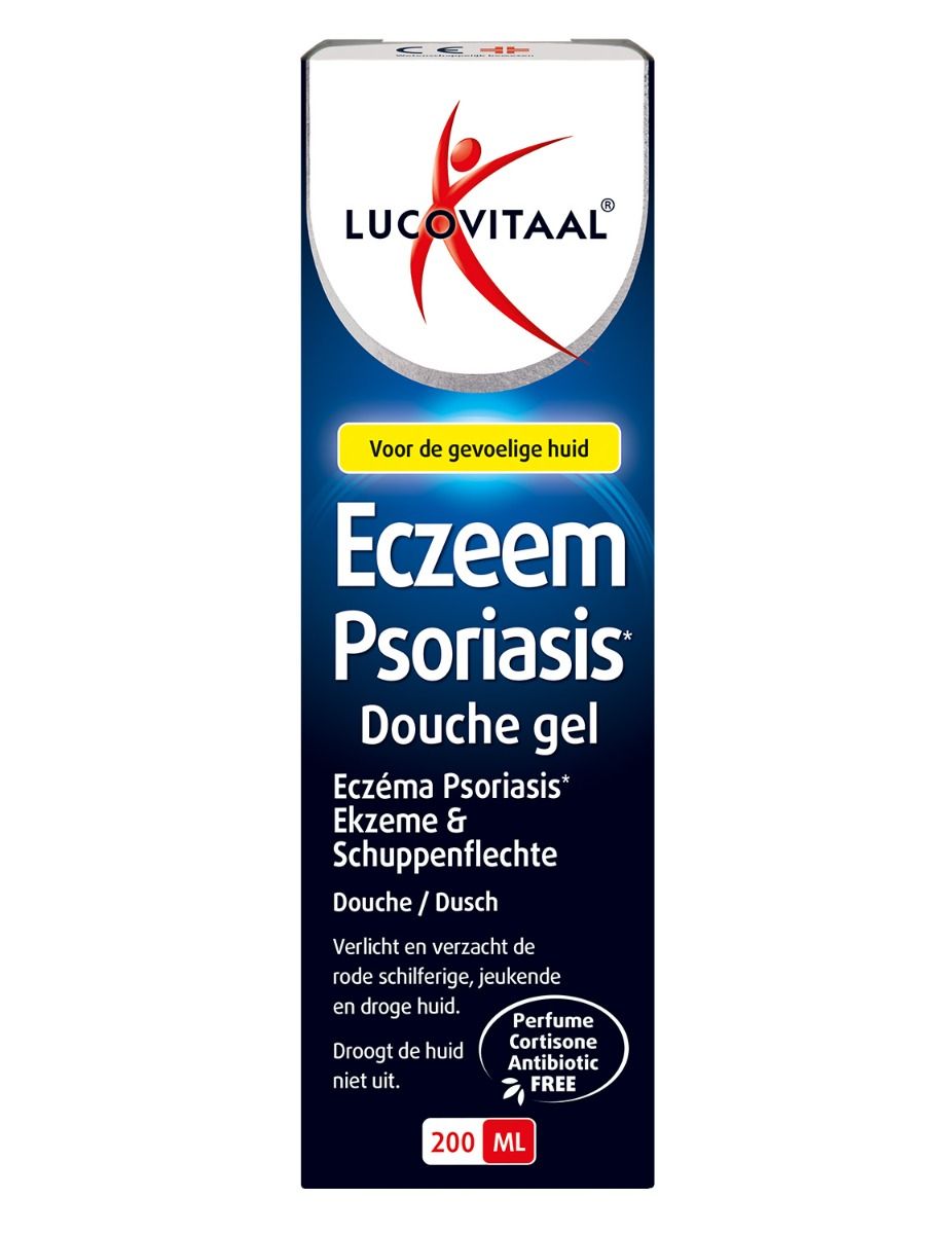 Witte fles met blauw etiket. Opschrift: Eczeem Psoriasis Douche gel. Logo Lucovitaal. 200 ml.