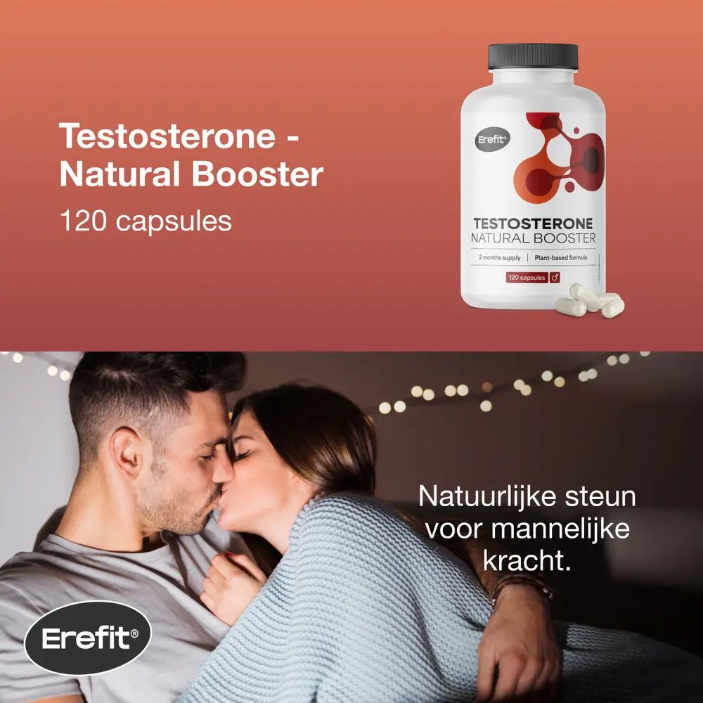 Koppel kust, fles met capsules. Opschrift: Erefit, Testosterone Natural Booster, 120 capsules.