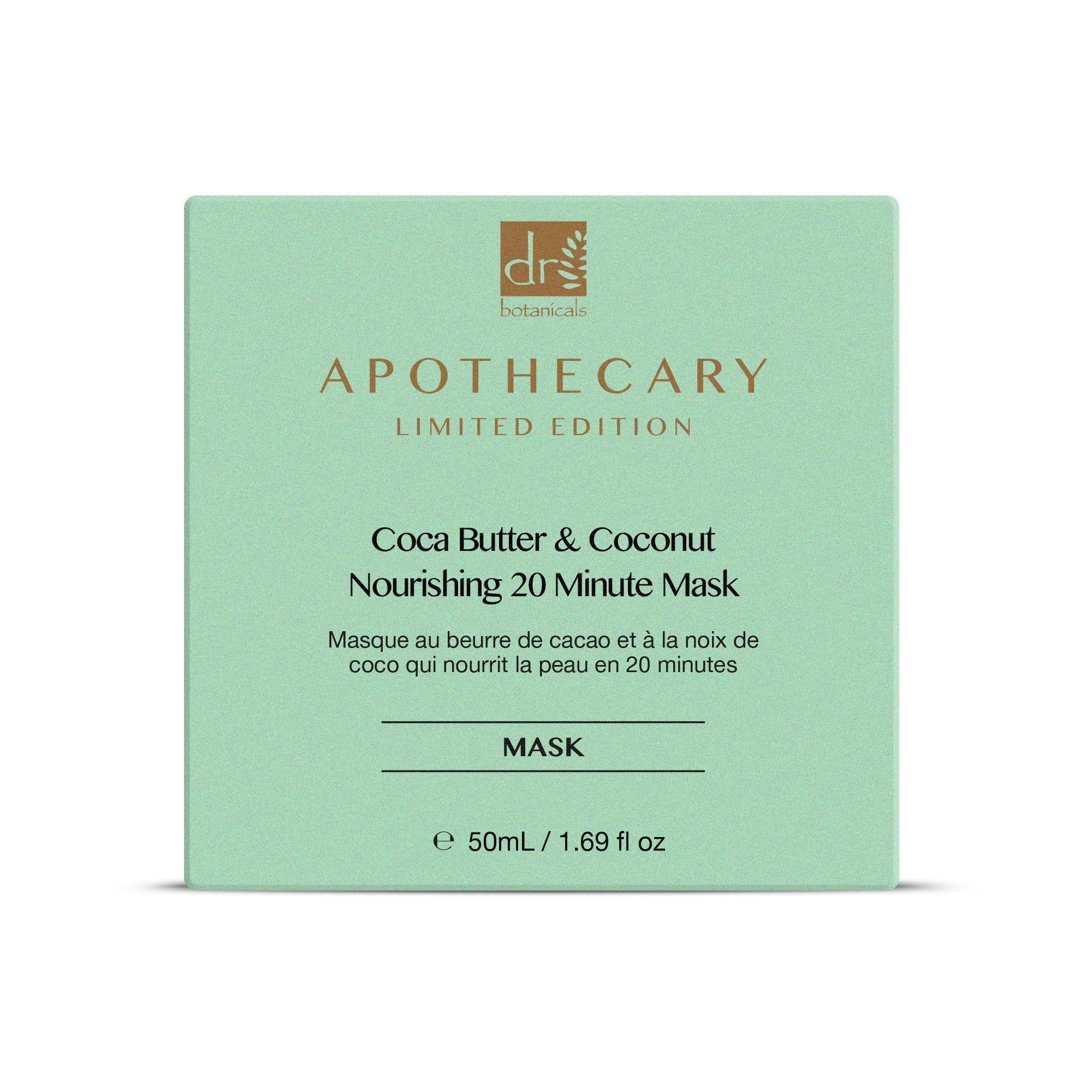 Groene doos met tekst: Cocoa Butter & Coconut Nourishing 20 Minute Mask. Opschrift: Mask.