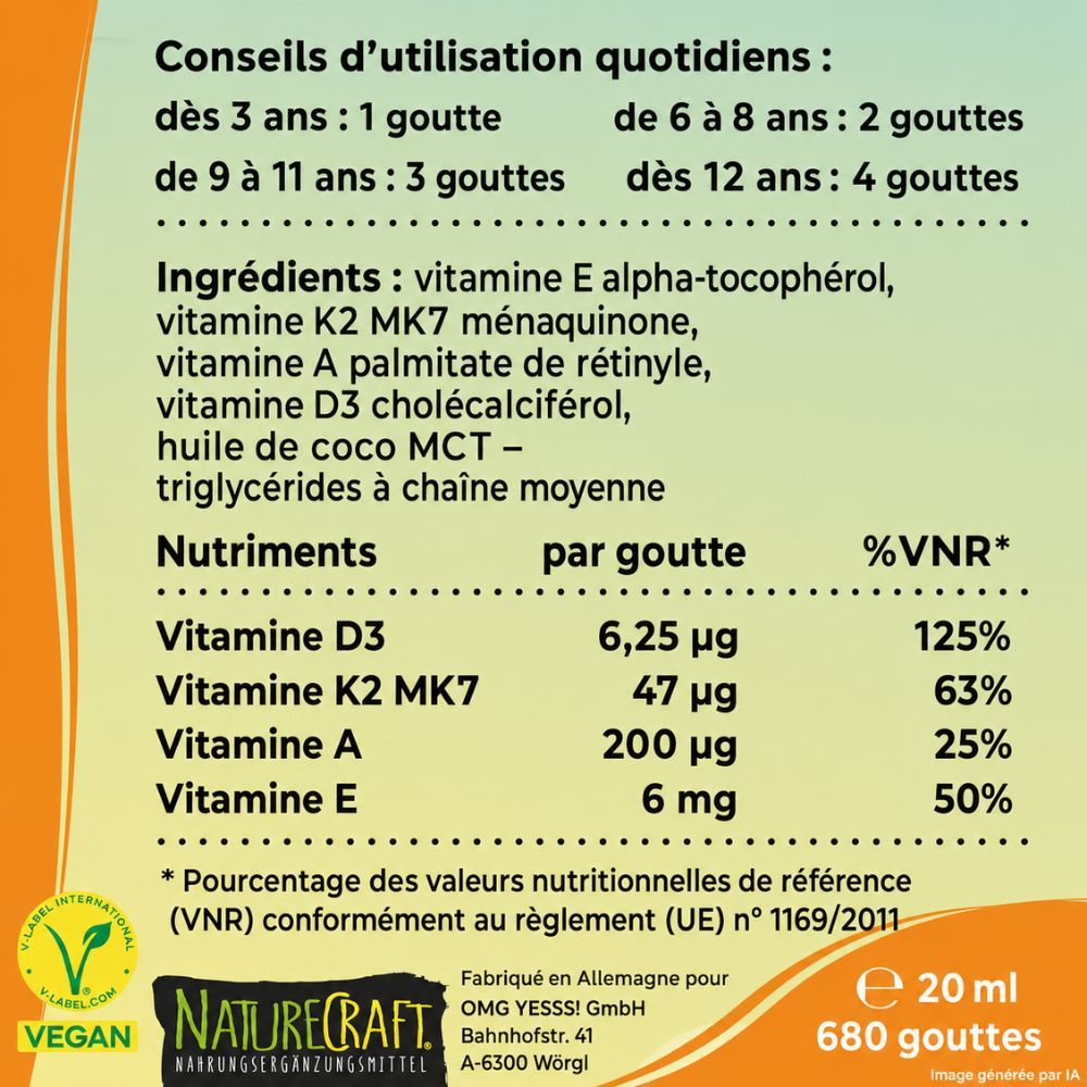 Certificats et sceaux pour "Qualité testée en laboratoire", "Fabriqué en Allemagne" et "Certifié Vegan".