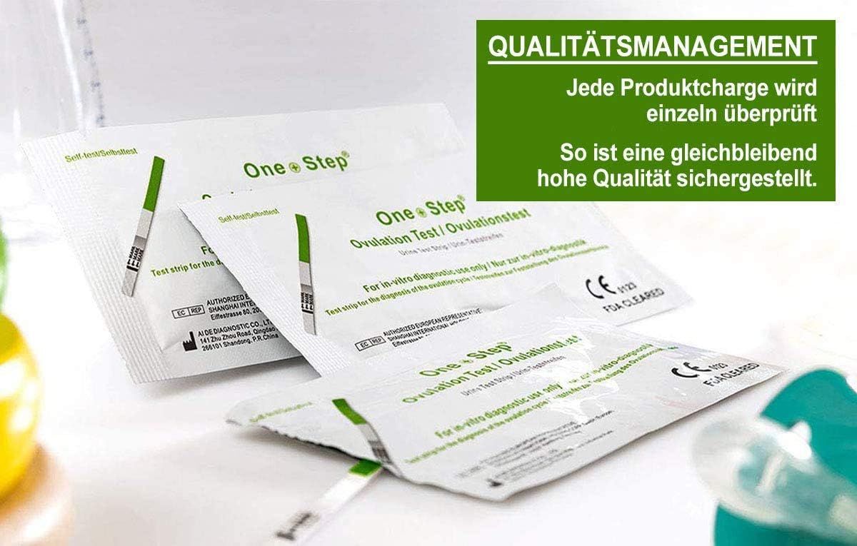 Plusieurs emballages de tests d'ovulation. Texte : Gestion de la qualité. Chaque lot de produits est contrôlé individuellement. Marquage CE.