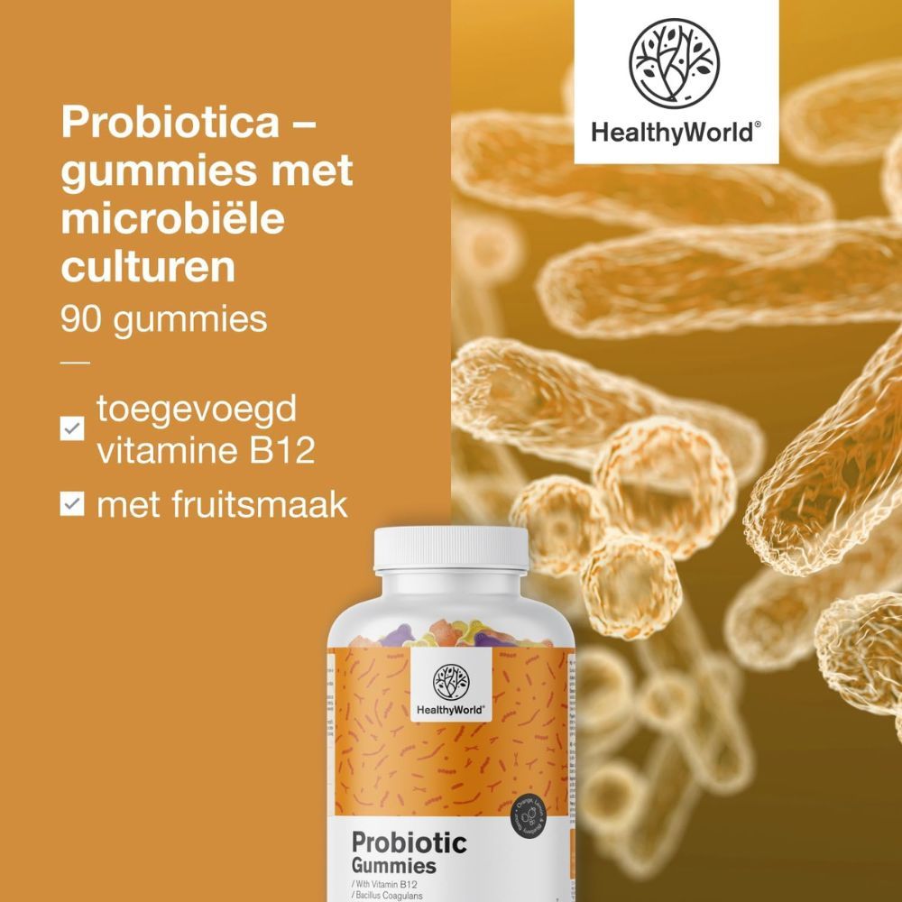 Fles Probiotic Gummis. Tekst: Probiotica - gummies met microbiële culturen. Productinformatie.