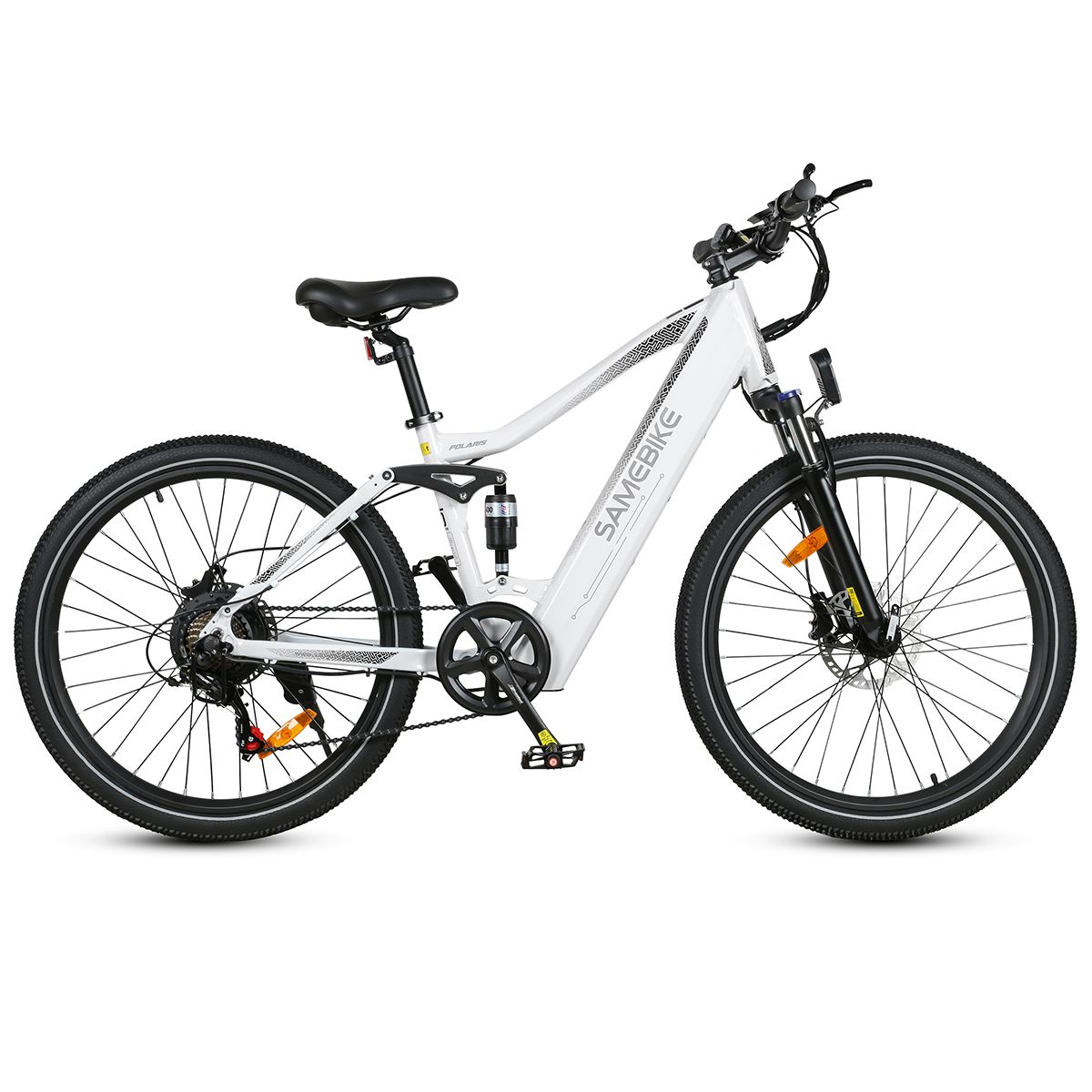Witte elektrische fiets Samebike XD26-II. Zwarte banden, zadel en stuur. Vering en schijfremmen.