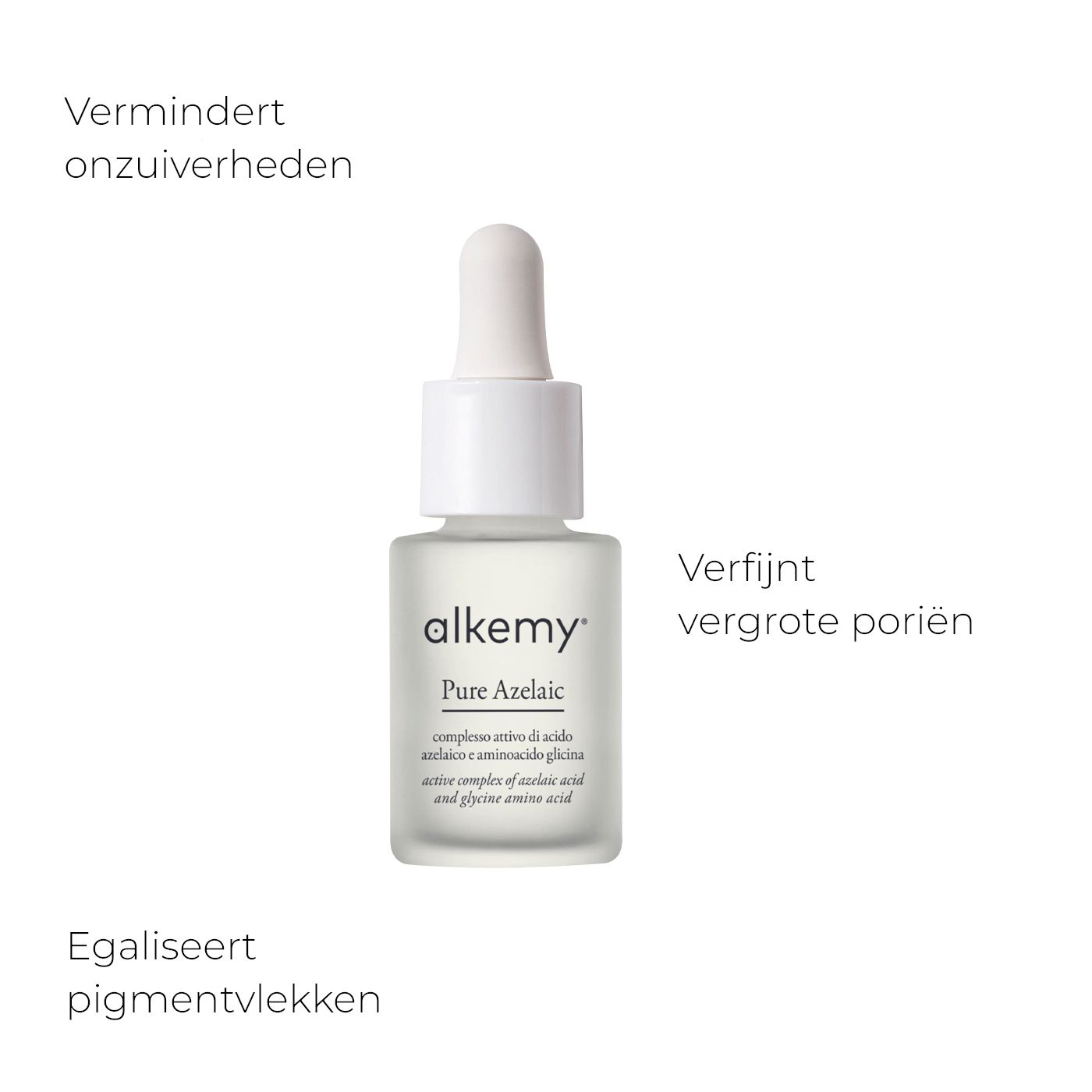 Flesje Alkemy Pure Azelaic serum met Nederlandse tekstuele aanduidingen voor huidverbetering.