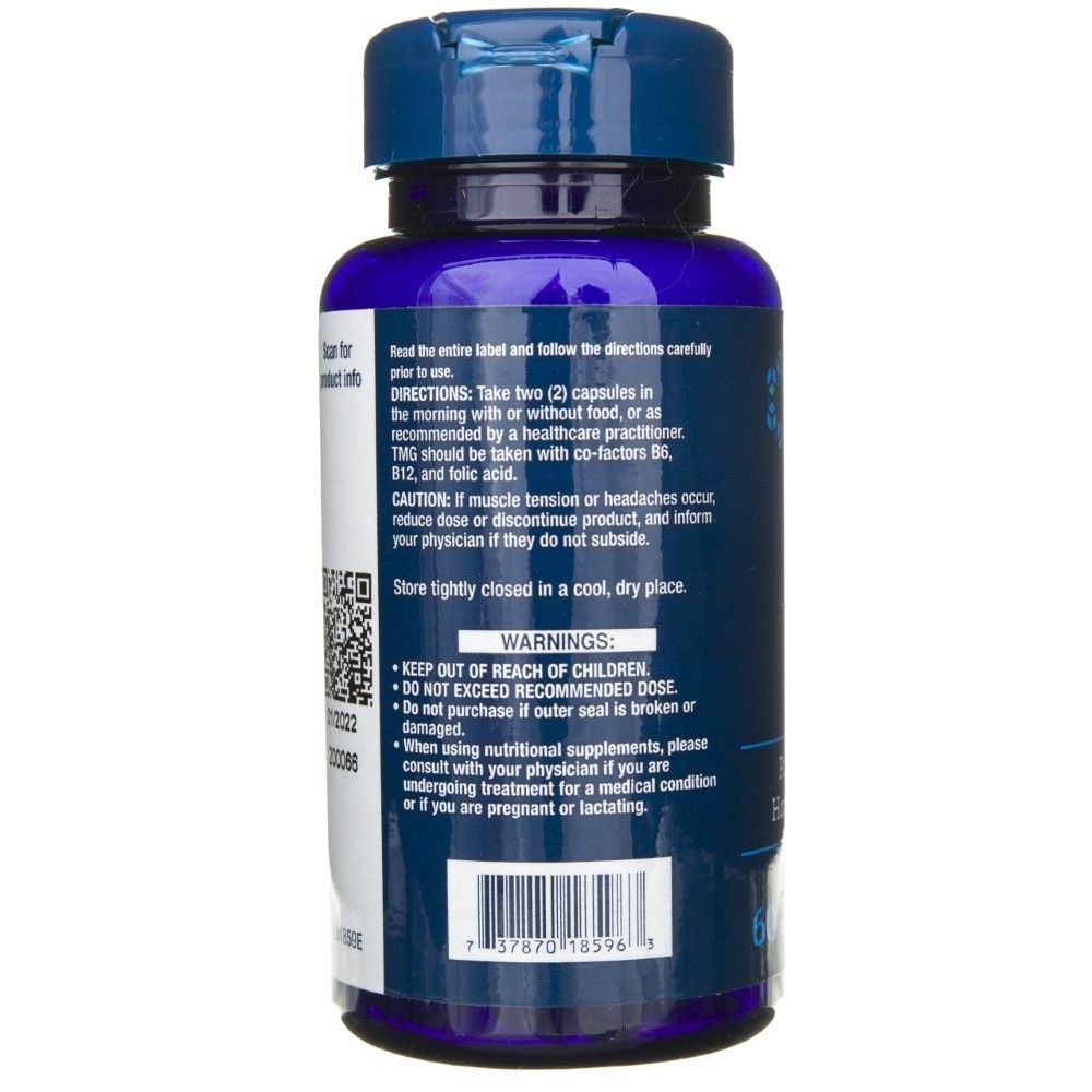 Life Extension TMG 500 mg, dos avec instructions d'utilisation et avertissements.