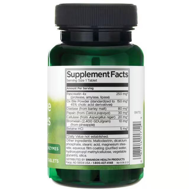 Dos du flacon vert. Inscription: Supplement Facts. Ingrédients et informations nutritionnelles. Code-barres.