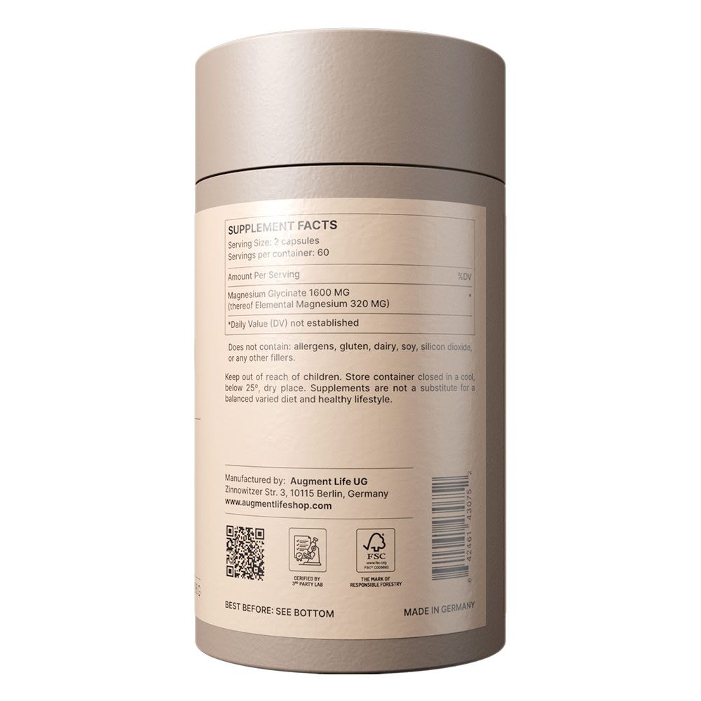 Voedingsfeiten op een ronde bus: Magnesiumglycinaat 1600 mg, 60 capsules.