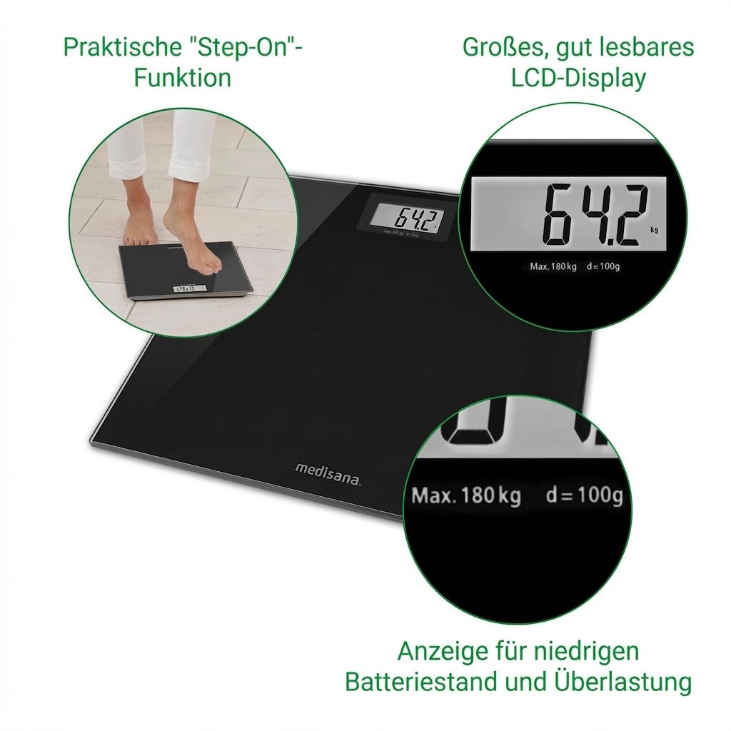 Balance personnelle noire en verre avec écran LCD (64.2). Max. 180 kg, d=100g. Fonction "Step-On".