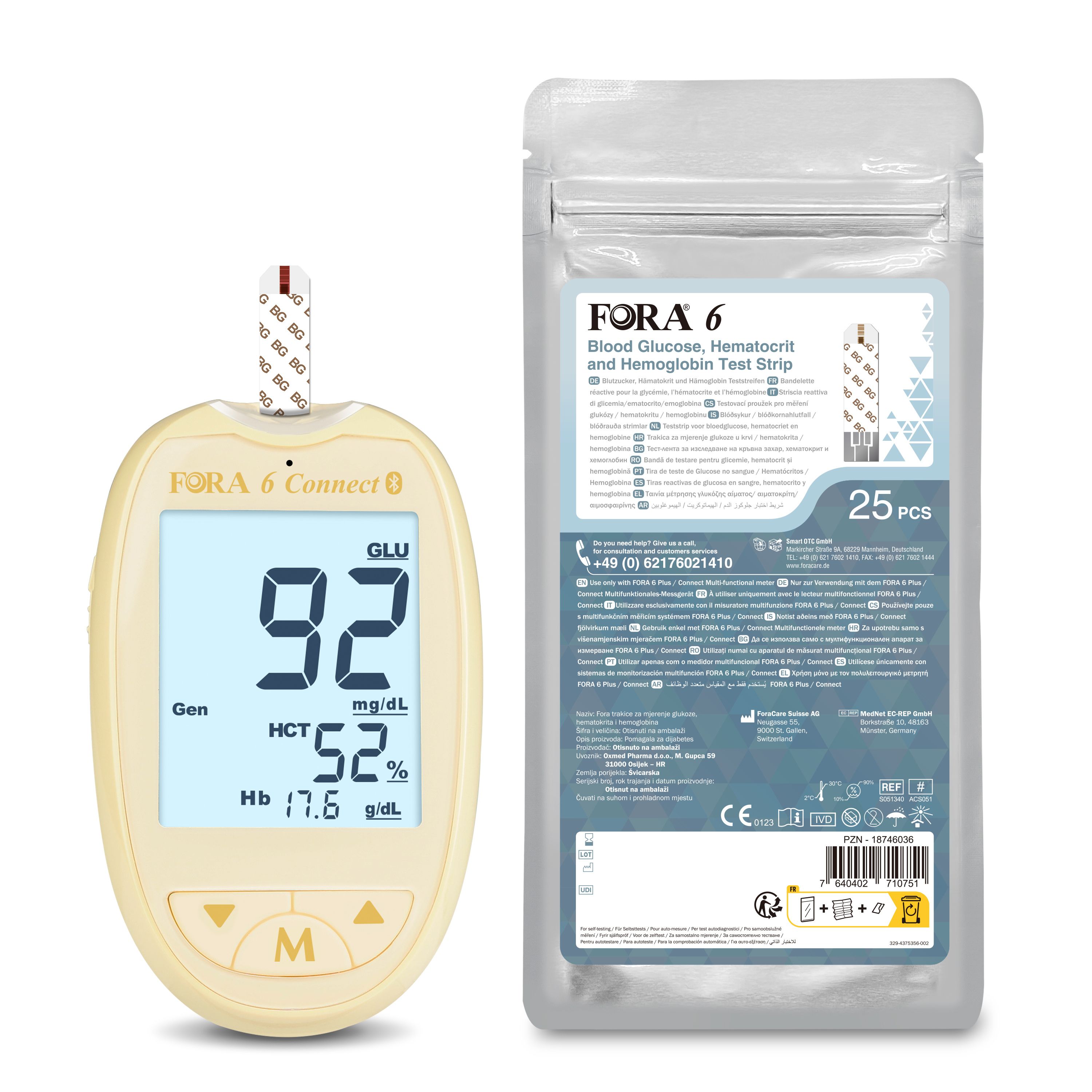 Glucosemeter met display. Toont glucose, hematocriet en hemoglobine. Teststrip en verpakking van 25 stuks.