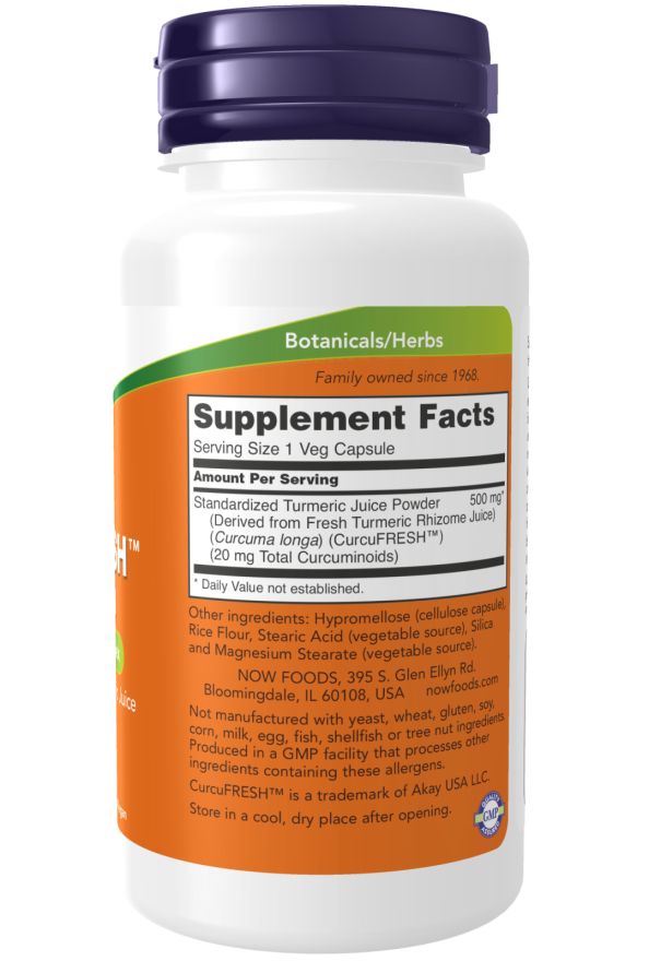 Witte fles met oranje etiket. Bevat capsules. Opschrift: NOW FOODS CurcuFRESH™. Ingrediëntenlijst en voedingswaarde-informatie.