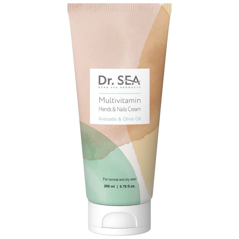 Crèmetube. Dr. Sea Multivitamin Hand- & Nagelcrème. Avocado & Olijfolie. Voor normale en droge huid.