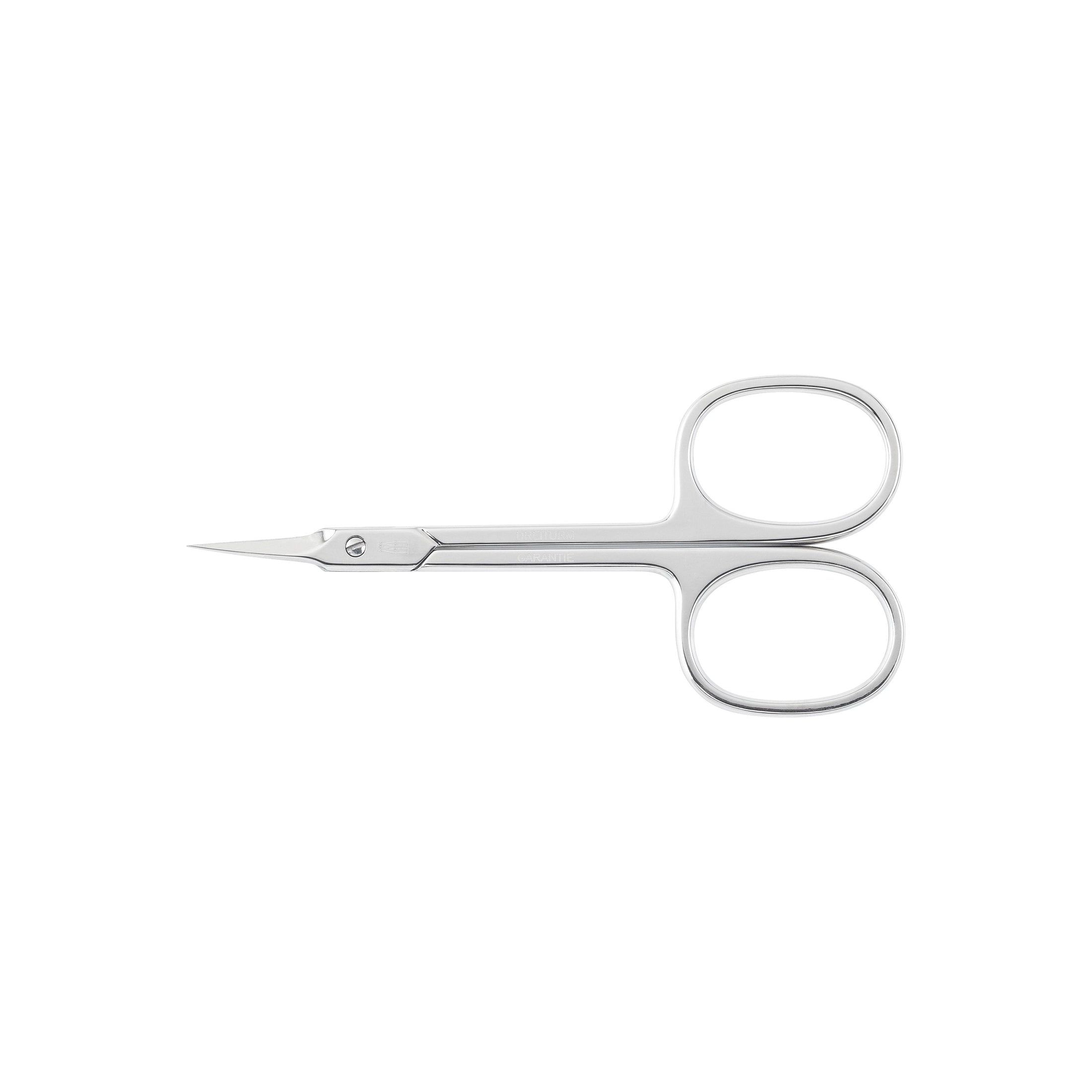 Metalen nagelriemschaar. Scherpe, gebogen bladen. Twee ovale vingergaten. Witte achtergrond.