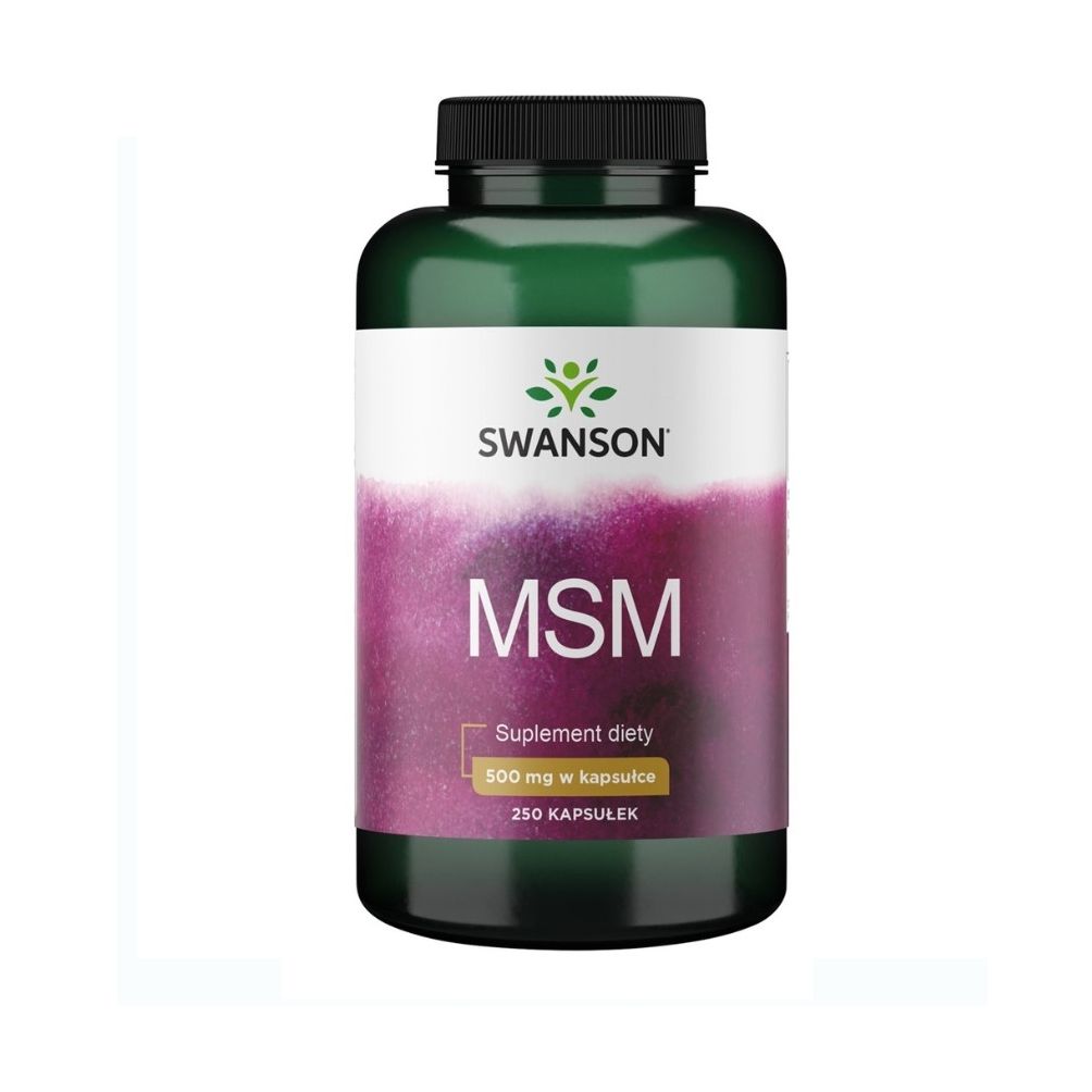 Groene fles met zwarte dop. Opschrift: SWANSON, MSM. Etiket met paarse kleurovergang. Tekst: 500 mg w kapsulce, 250 kapsułek.