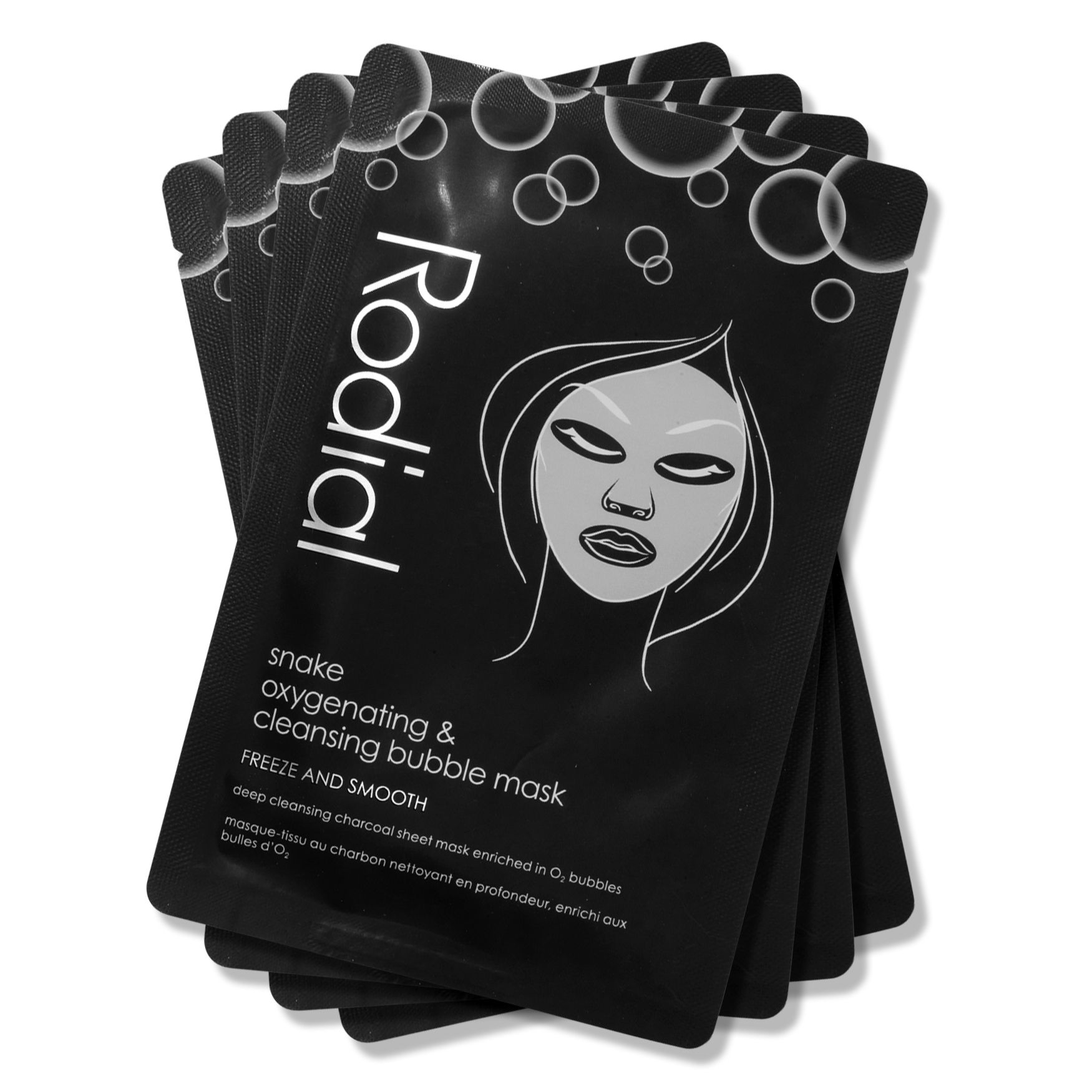 Meerdere zwarte productverpakkingen. Opdruk: Rodial, gezichtsmasker met tekst en illustratie. Zuurstofverrijkend en reinigend.
