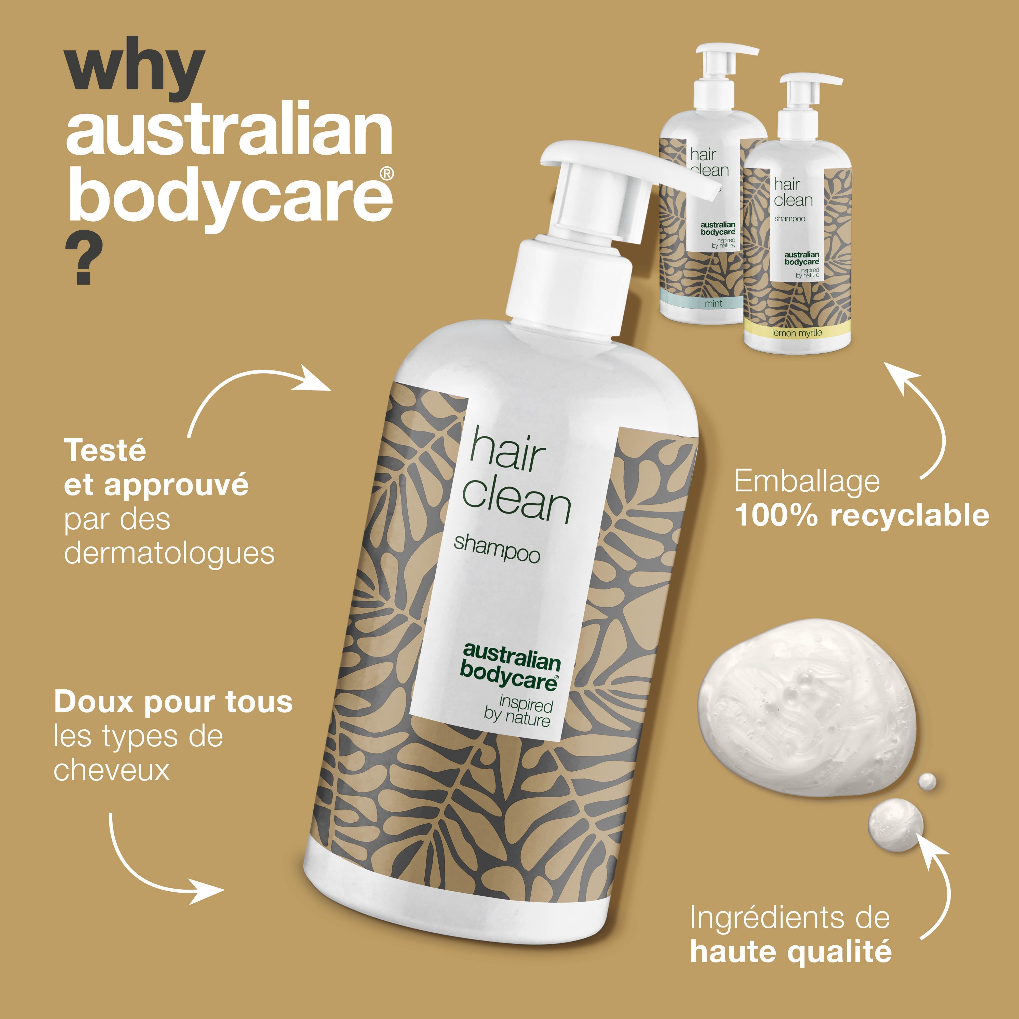 Australian Bodycare. Pourquoi ? Trois flacons de shampooing. Texte sur test dermatologique, emballage recyclable.