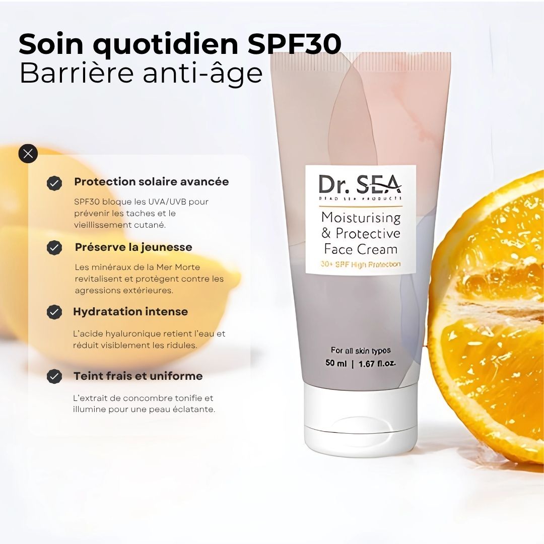 Tube de crème avec texte. Inscription : Dr. SEA, Moisturising & Protective Face Cream SPF30+. Avec texte sur les ingrédients.