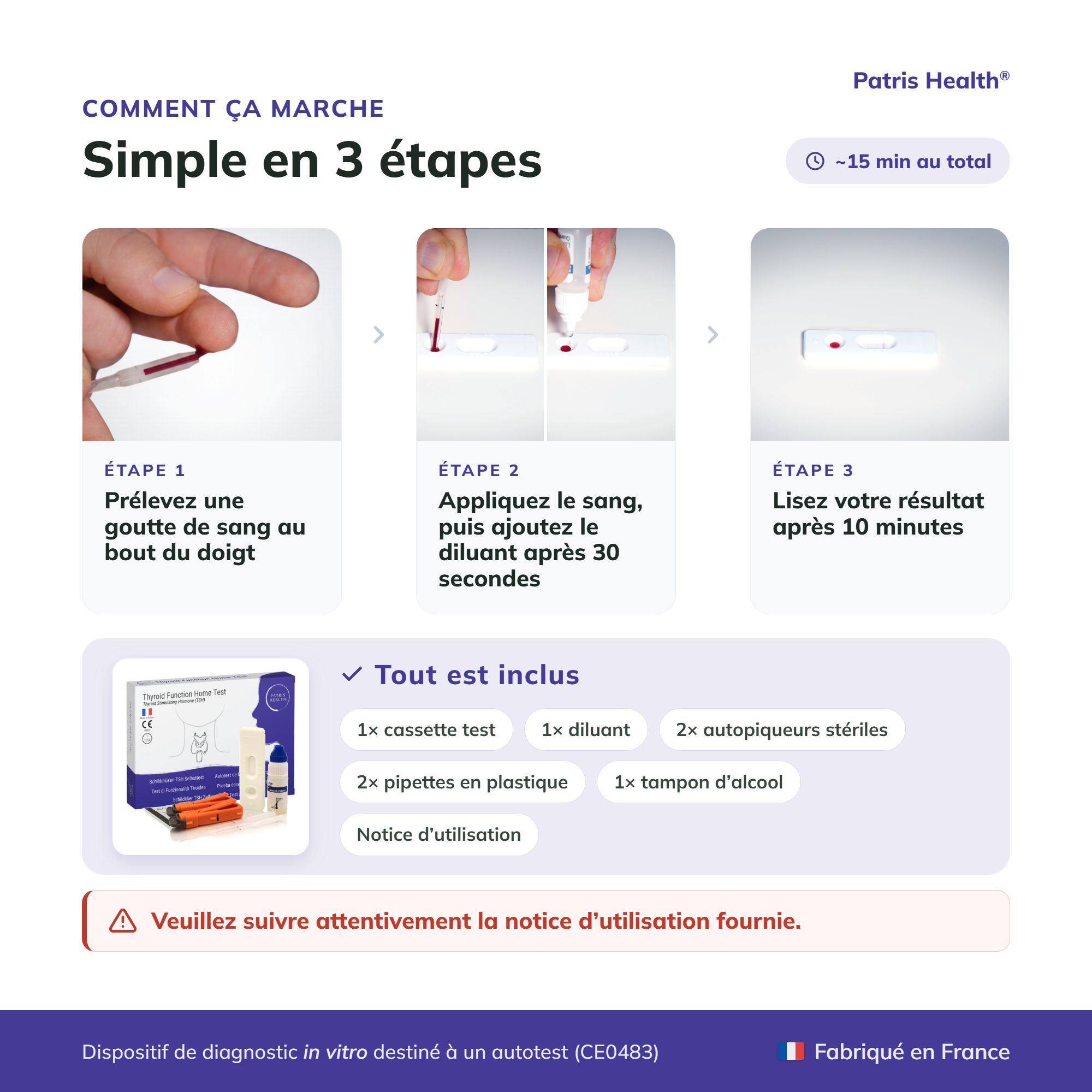 Comment fonctionne le test TSH thyroïdien : prélèvement sanguin, application du diluant, résultat.