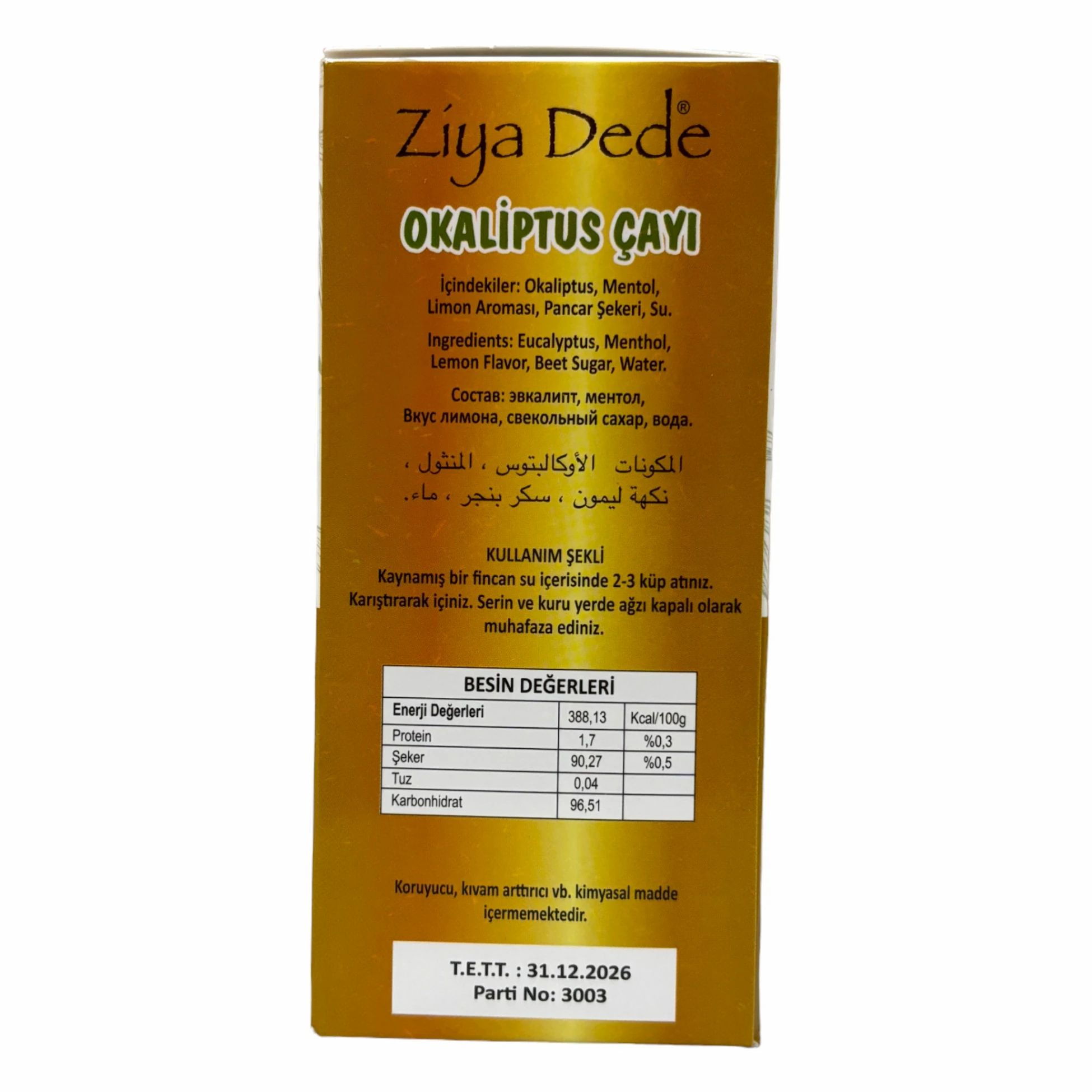 Boîte de thé Ziya Dede Eukalyptus. Détail des ingrédients, informations nutritionnelles et date de péremption. Fond doré.