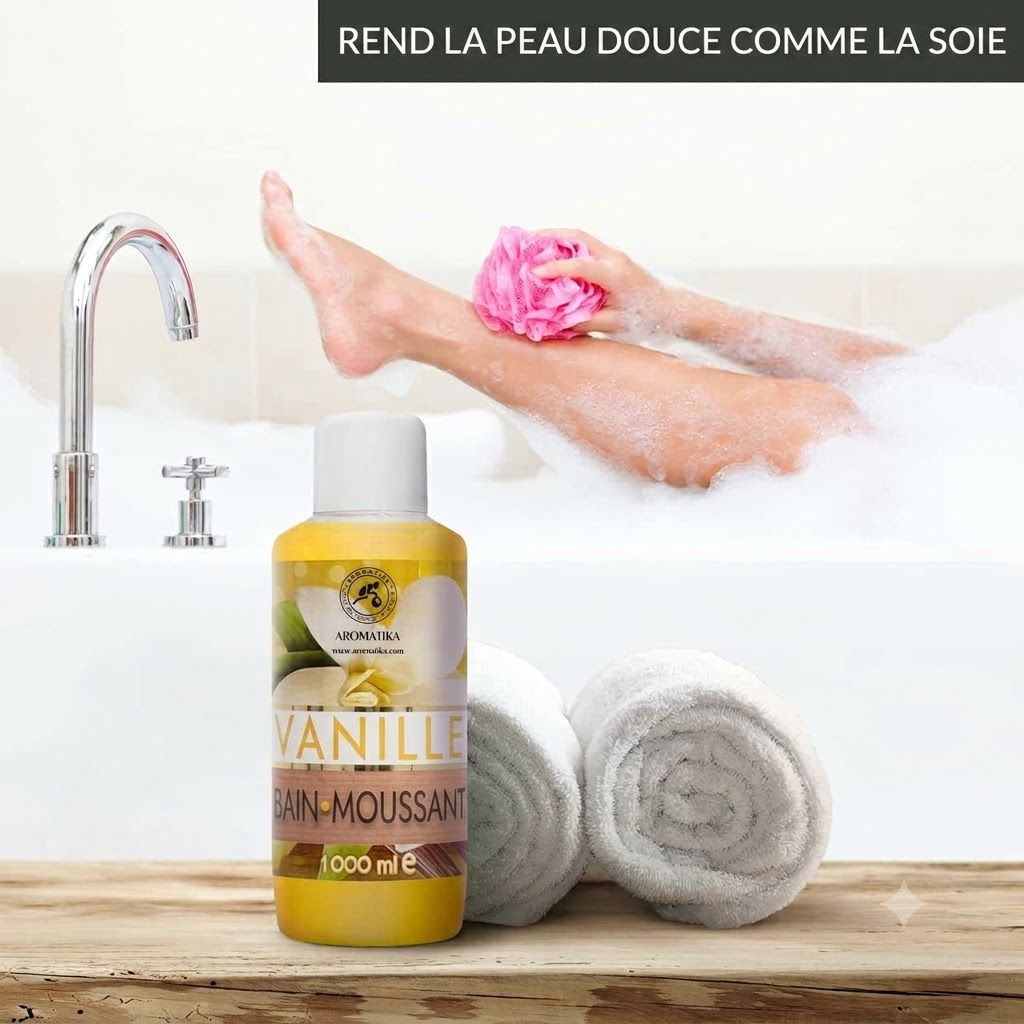 Bouteille jaune de bain moussant à la vanille, 1000 ml.