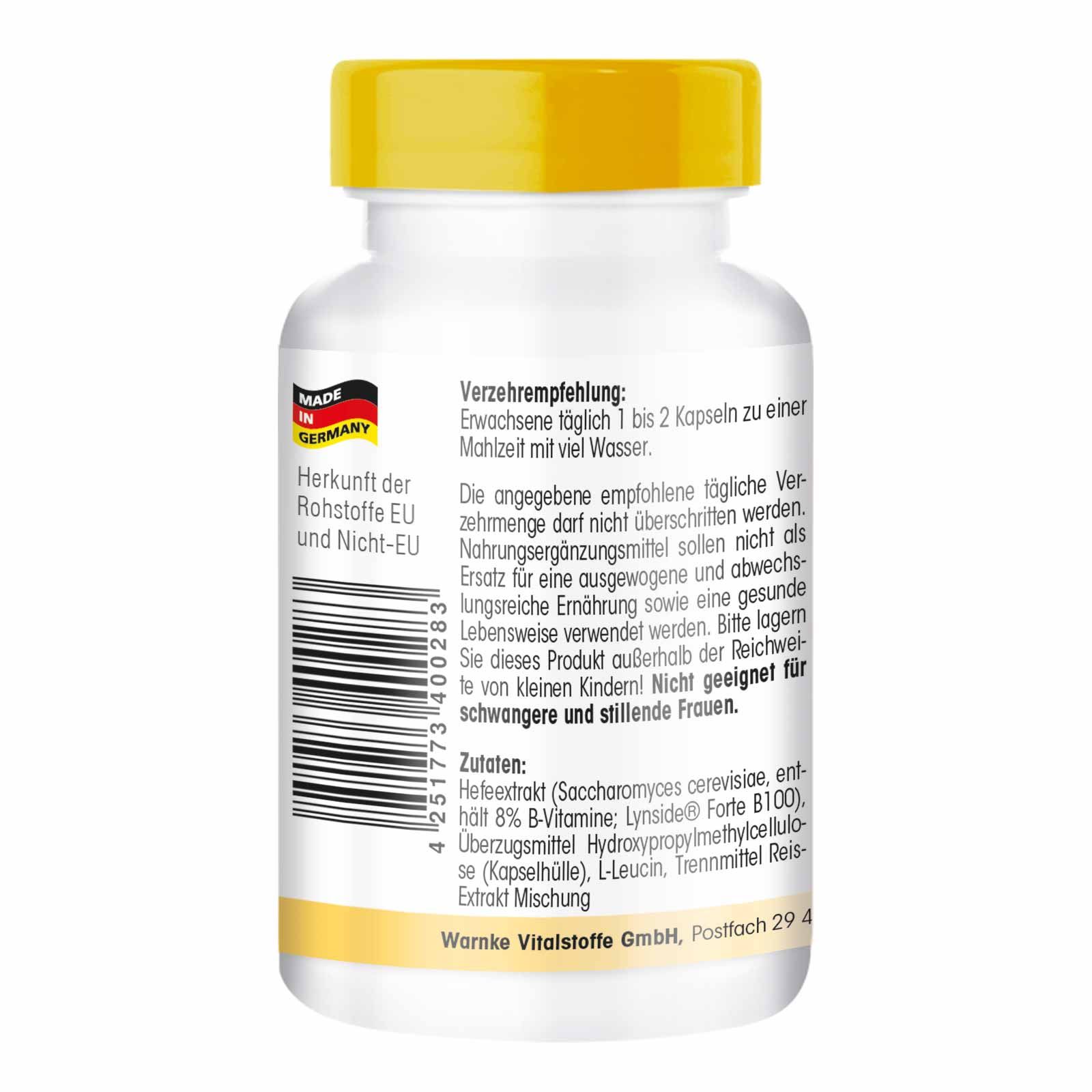 Achterkant van de witte fles met gele dop. Tekst: Gebruiksaanbeveling, ingrediënten, herkomst EU en niet-EU, Made in Germany, barcode.