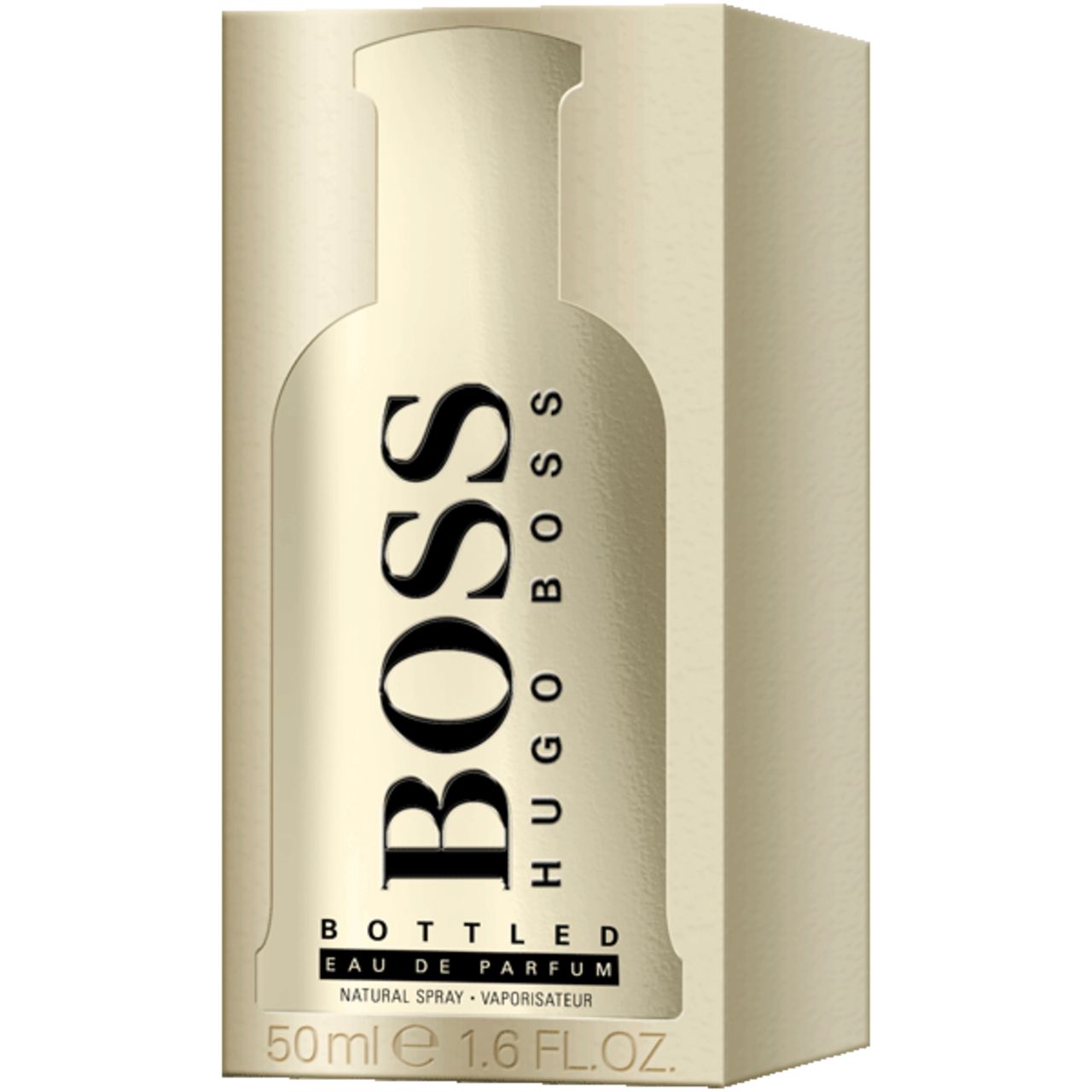 Verpakking van Boss Bottled Eau de Parfum. Rechthoekige doos met BOSS-logo en productnaam.