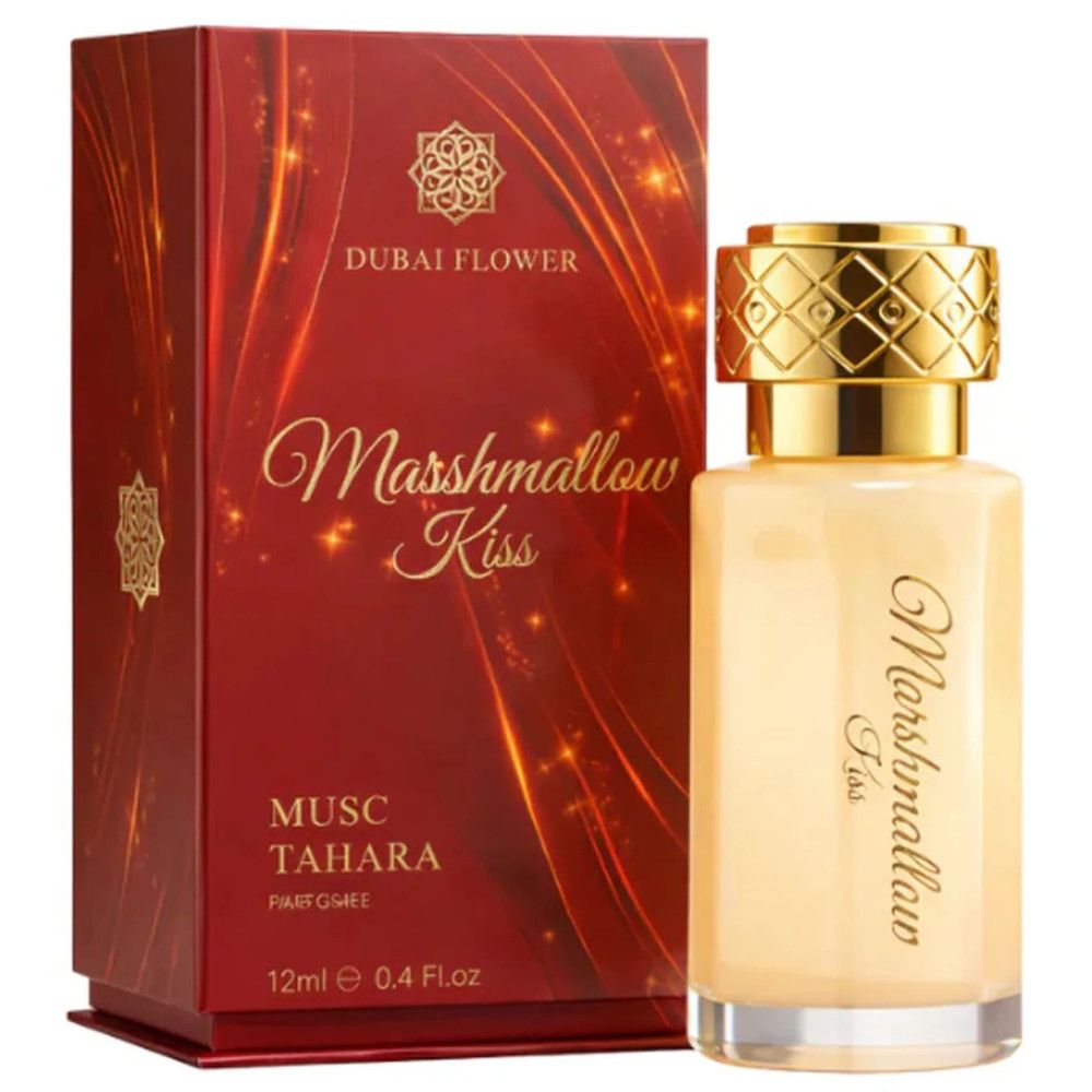 Flesje naast rode doos. Opschrift "Dubai Flower", "Marshmallow Kiss", "Musc Tahara".
