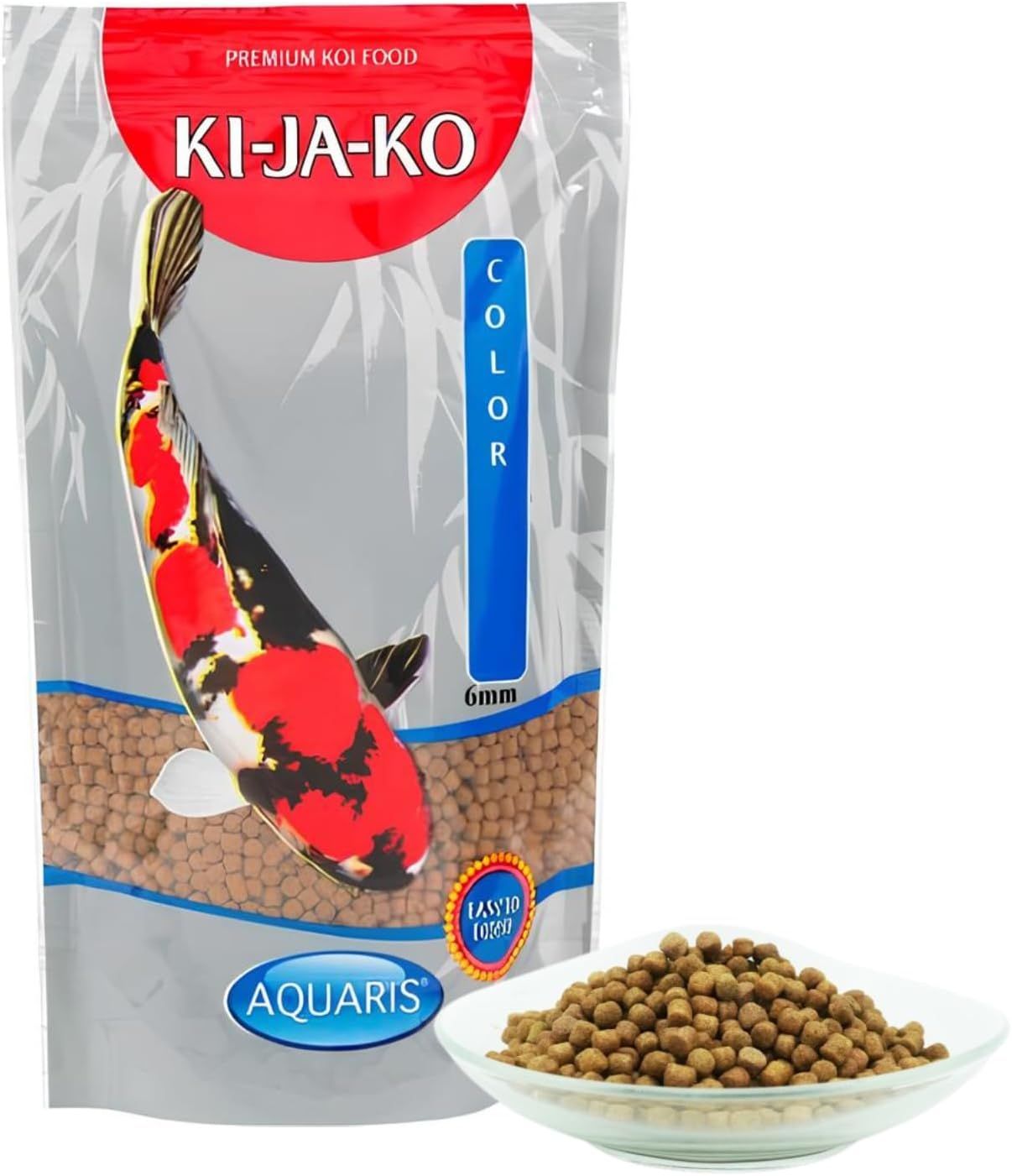 Emballage de KI-JA-KO Koifischfutter Color 6 mm. Contient des granulés et un motif de poisson koi.