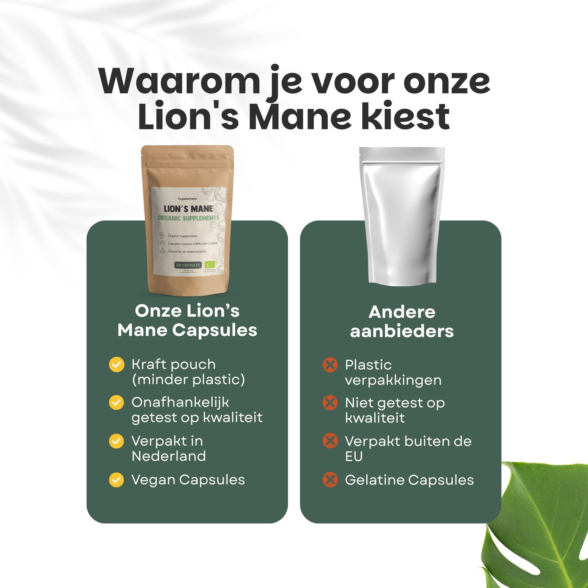 Vergelijking: zakje met capsules vs. andere aanbieders. Tekst: kraftzakje, vegan capsules. Anders: plastic.