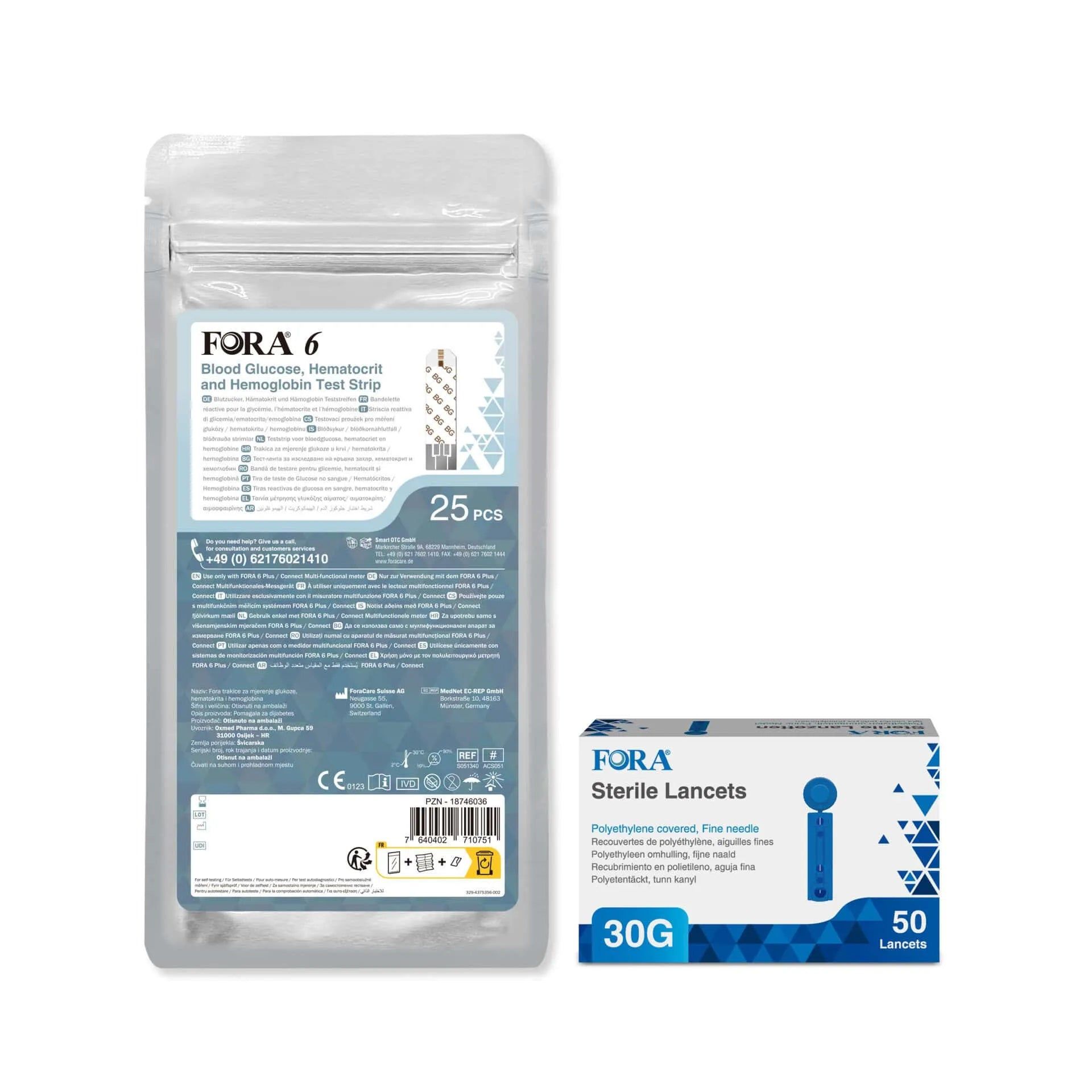FORA 6 teststrips en 30G lancetten, CE-gecertificeerd.