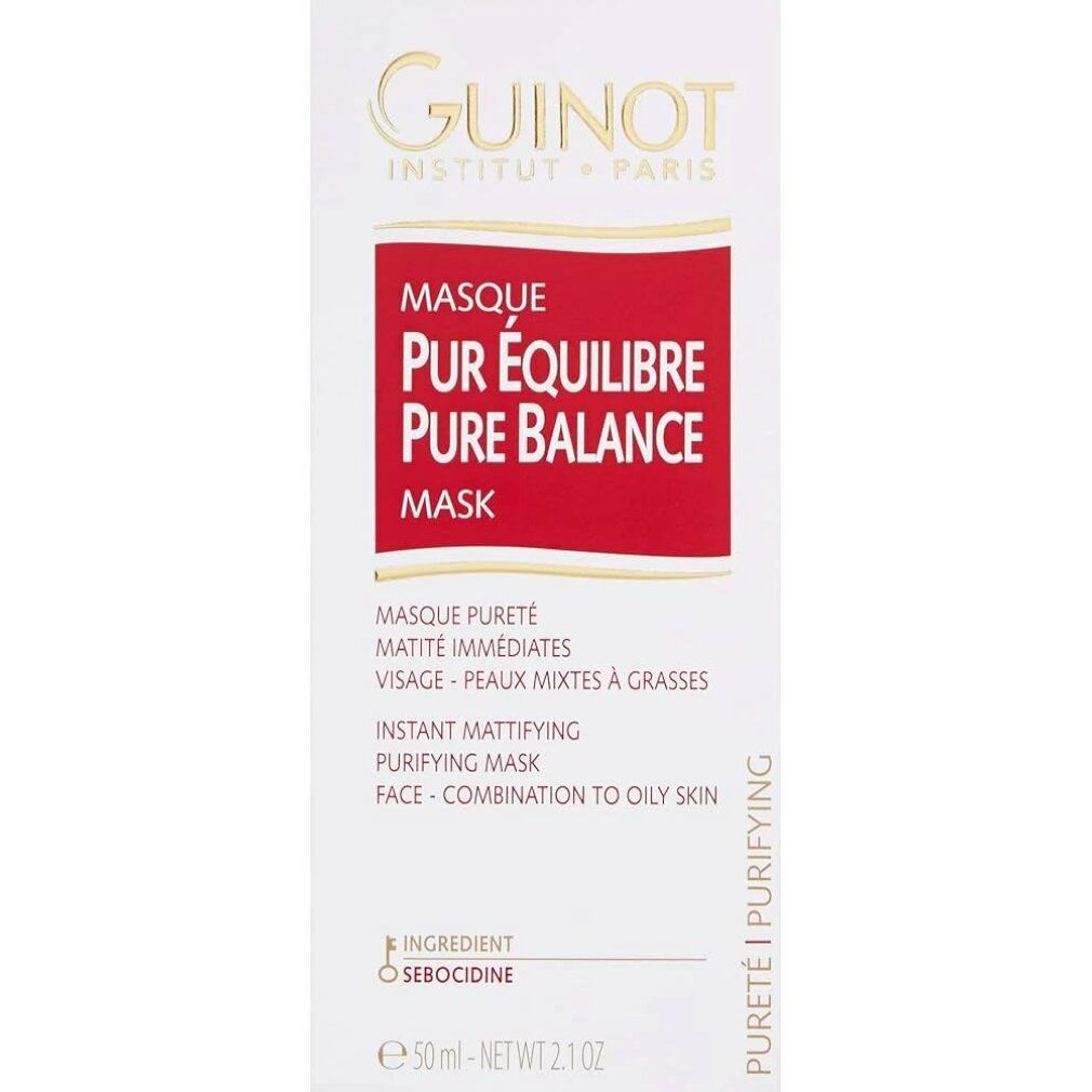 Witte verpakking met productinformatie. Opschrift: Guinot, Masque Pur Equilibre Pure Balance Mask. Rode achtergrond.