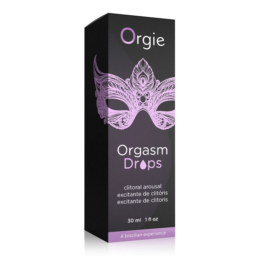 Boîte noire avec nom du produit et motif de masque. Texte : Orgie, Orgasm Drops, clitoral arousal. 30 ml, 1 fl oz.