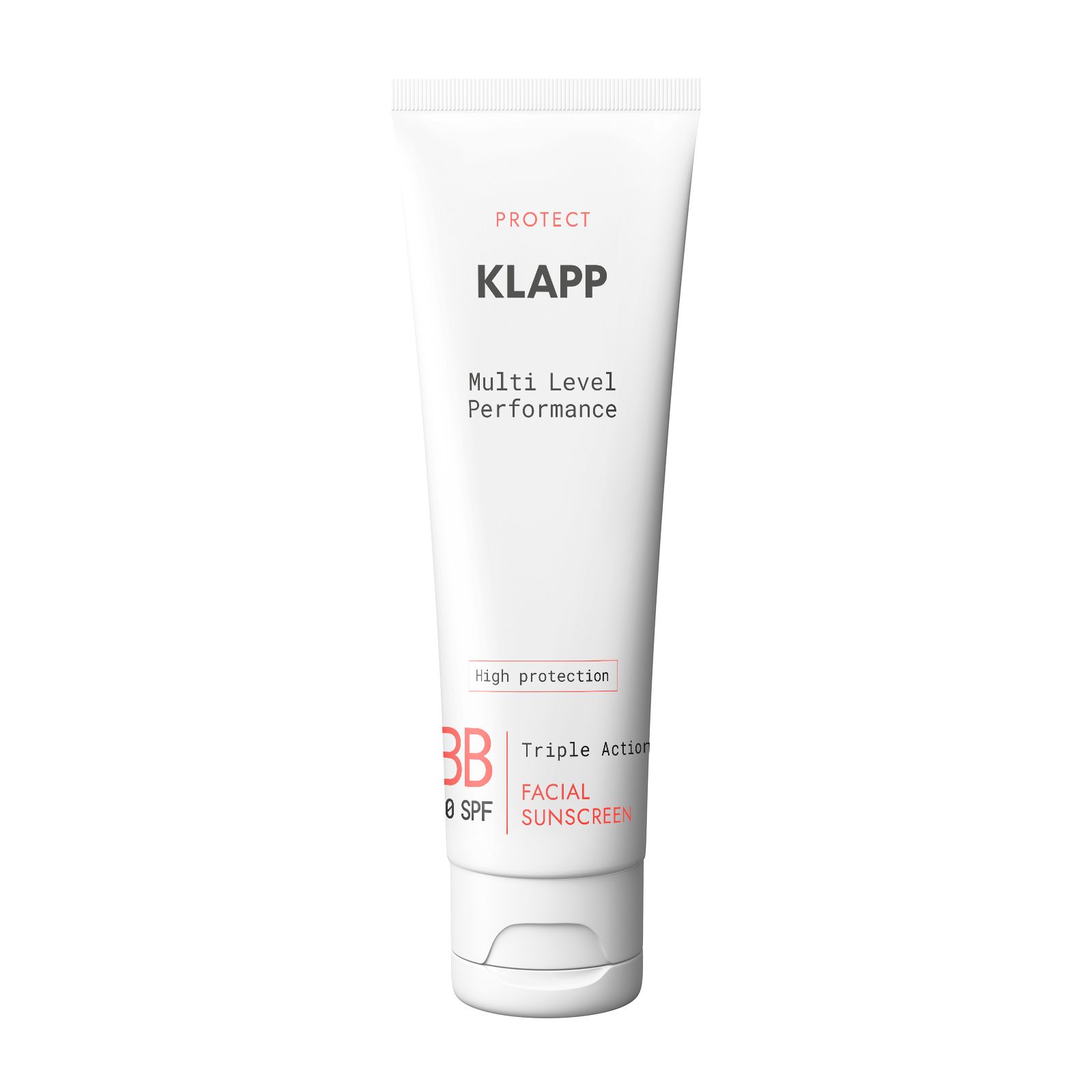 Tube blanche Klapp. Inscription: Multi Level Performance, BB 50 SPF, Triple Action Facial Sunscreen.