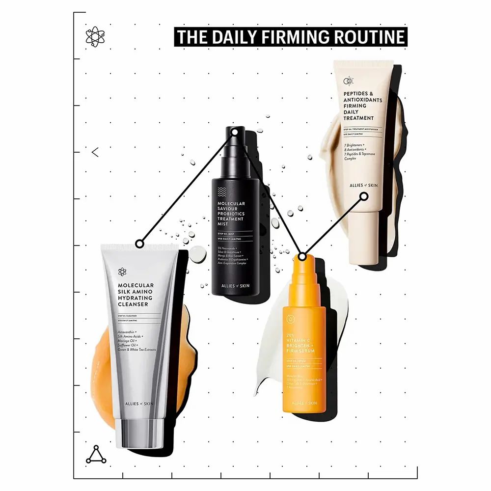 Diverse huidverzorgingsproducten op witte achtergrond. Producten in flacons en tubes, met tekst en lijnen.