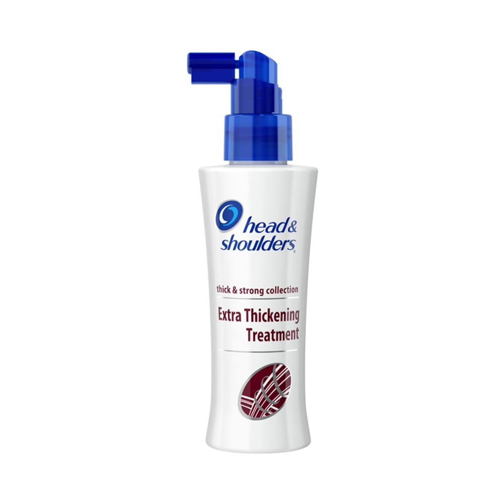 Witte fles met blauwe pomp. Opschrift: Head & Shoulders, Extra Thickening Treatment. Rode en witte afbeelding.