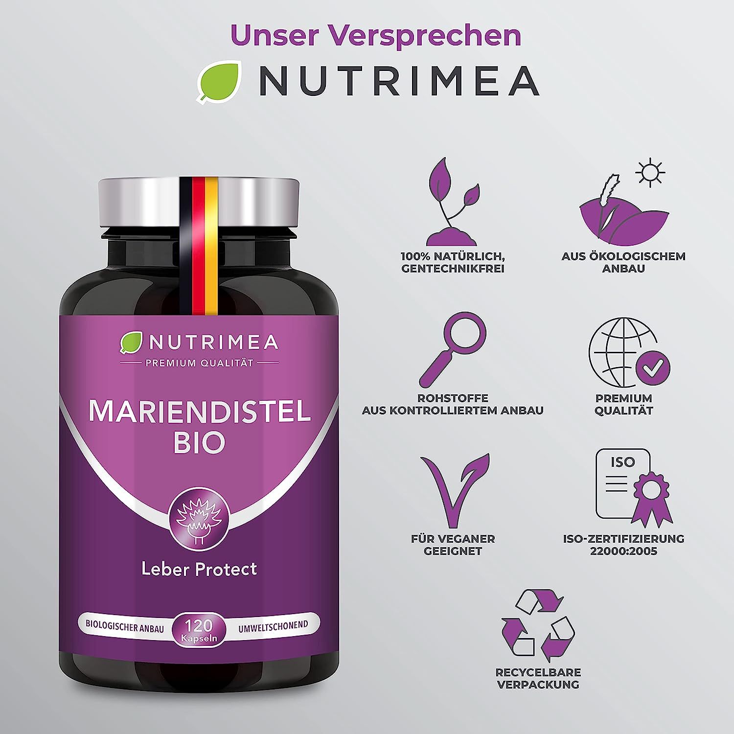 Fles Mariadistel BIO. Voordelen: natuurlijk, biologisch, veganistisch, recyclebaar. ISO-certificering. Logo: Nutrimea.