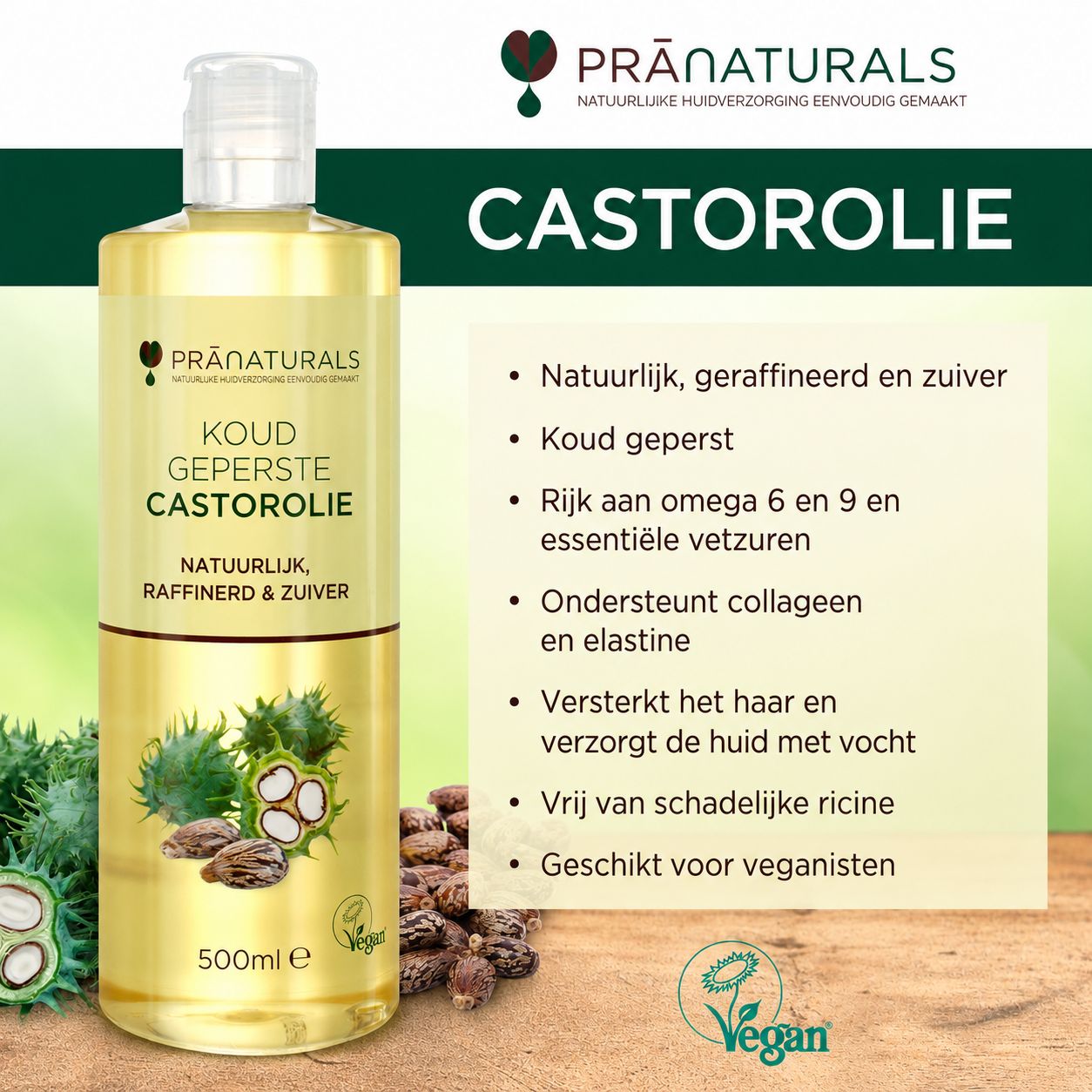 Fles koudgeperste castorolie (500ml) van PRÄNATURALS, natuurlijk, geraffineerd en zuiver.
