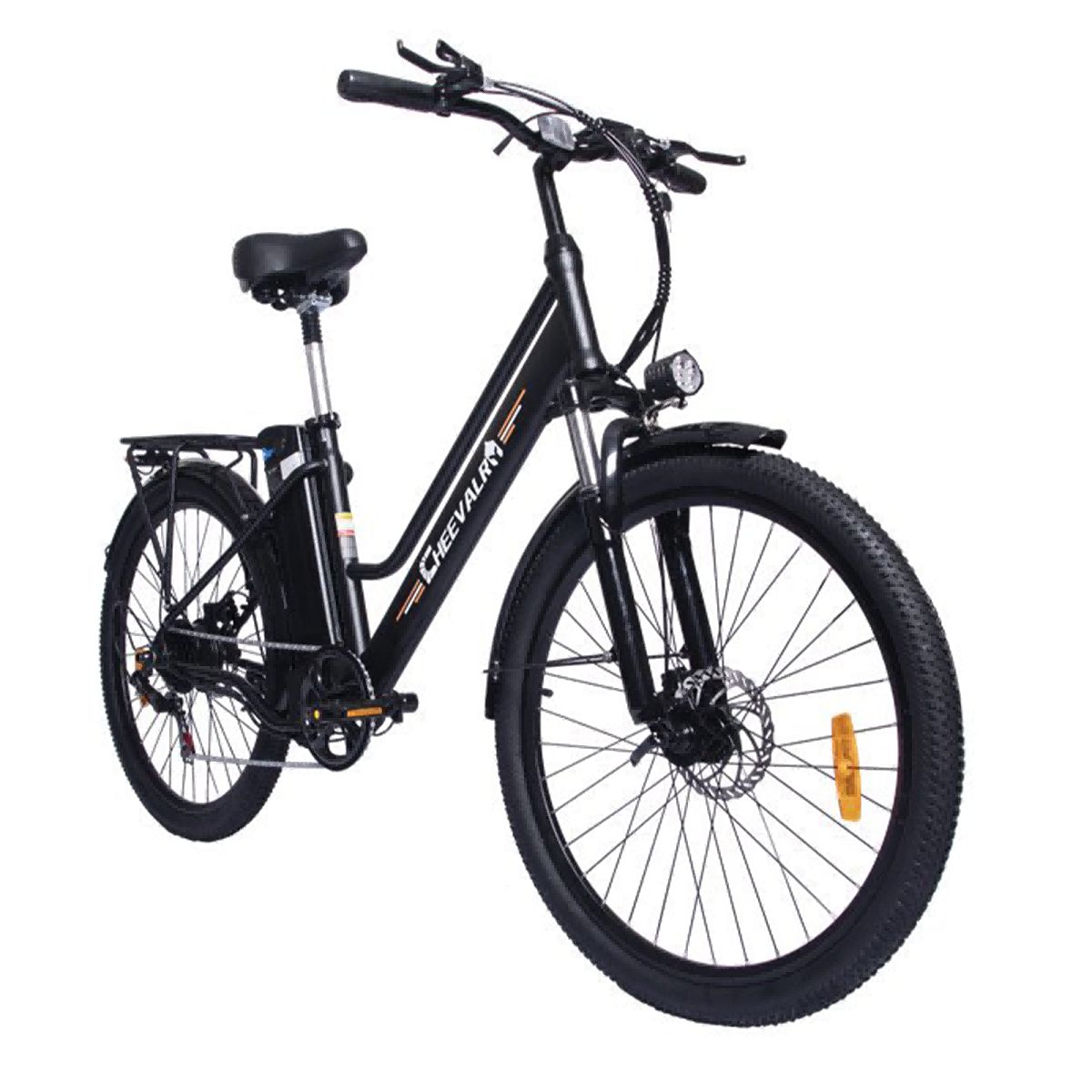 Zwarte elektrische fiets met koplamp. Merk Cheevalry.