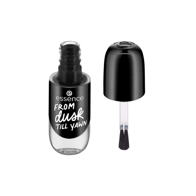 Essence nagellakflesje 'From Dusk Till Yawn' zwart, geopend met kwastje.
